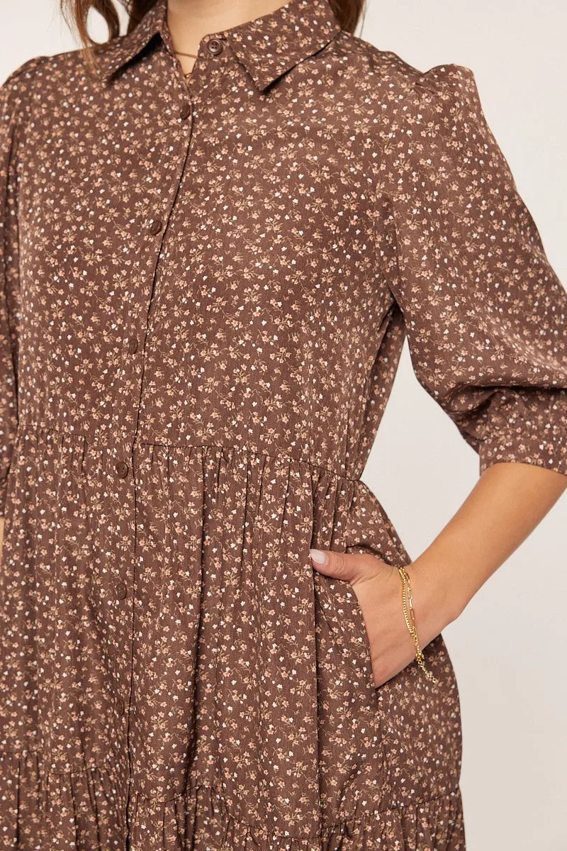 Brown Floral Tiered Shirt Midi Dress sold by Pinkblush product image thumbnail 4