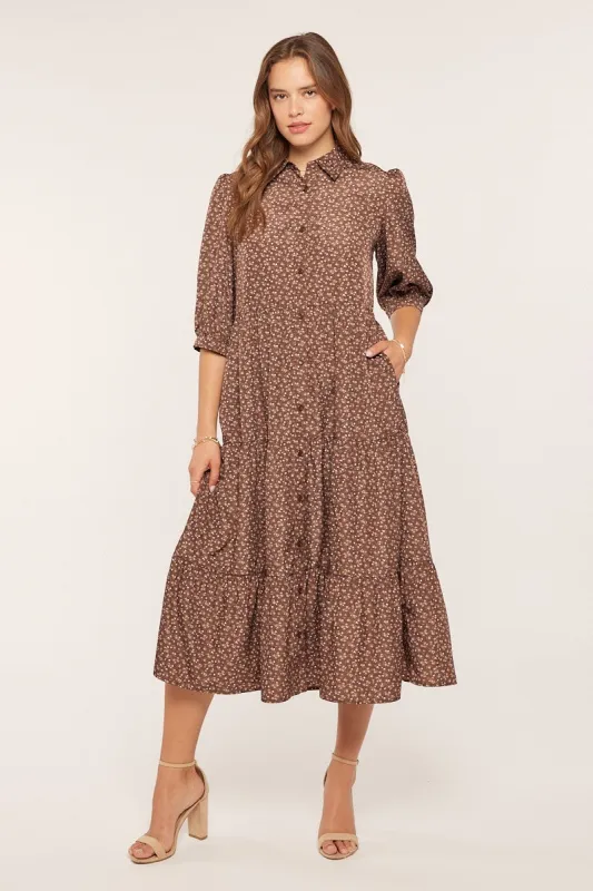Brown Floral Tiered Shirt Midi Dress sold by Pinkblush