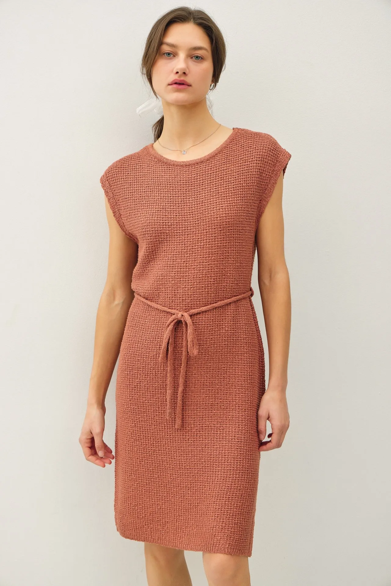 Light Rust Waffle Knit Sash Tie Short Sleeve Maternity Dress sold by Pinkblush product image thumbnail 5