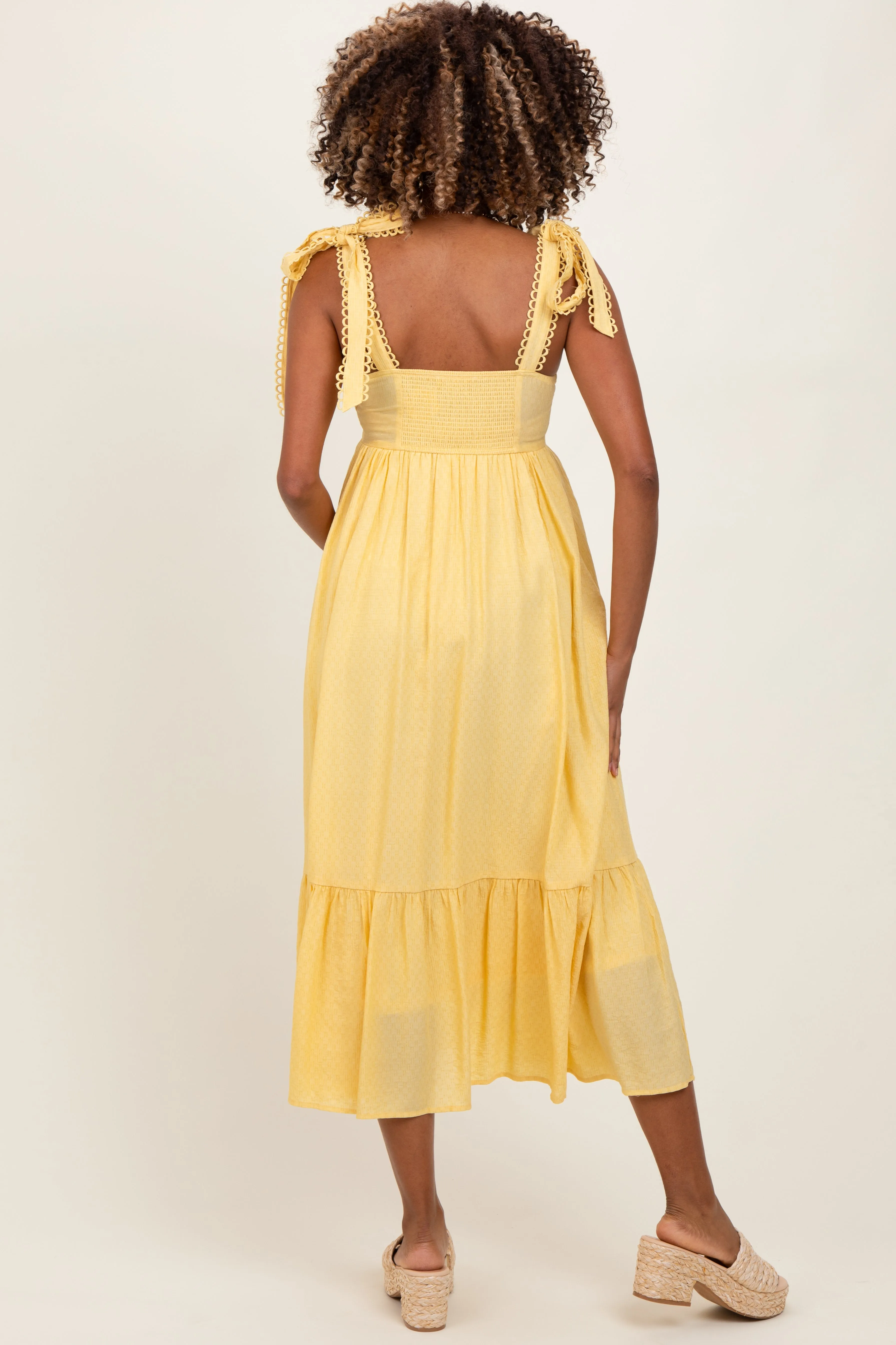 Yellow Scallop Trim Shoulder Tie Maternity Midi Dress sold by Pinkblush product image thumbnail 3