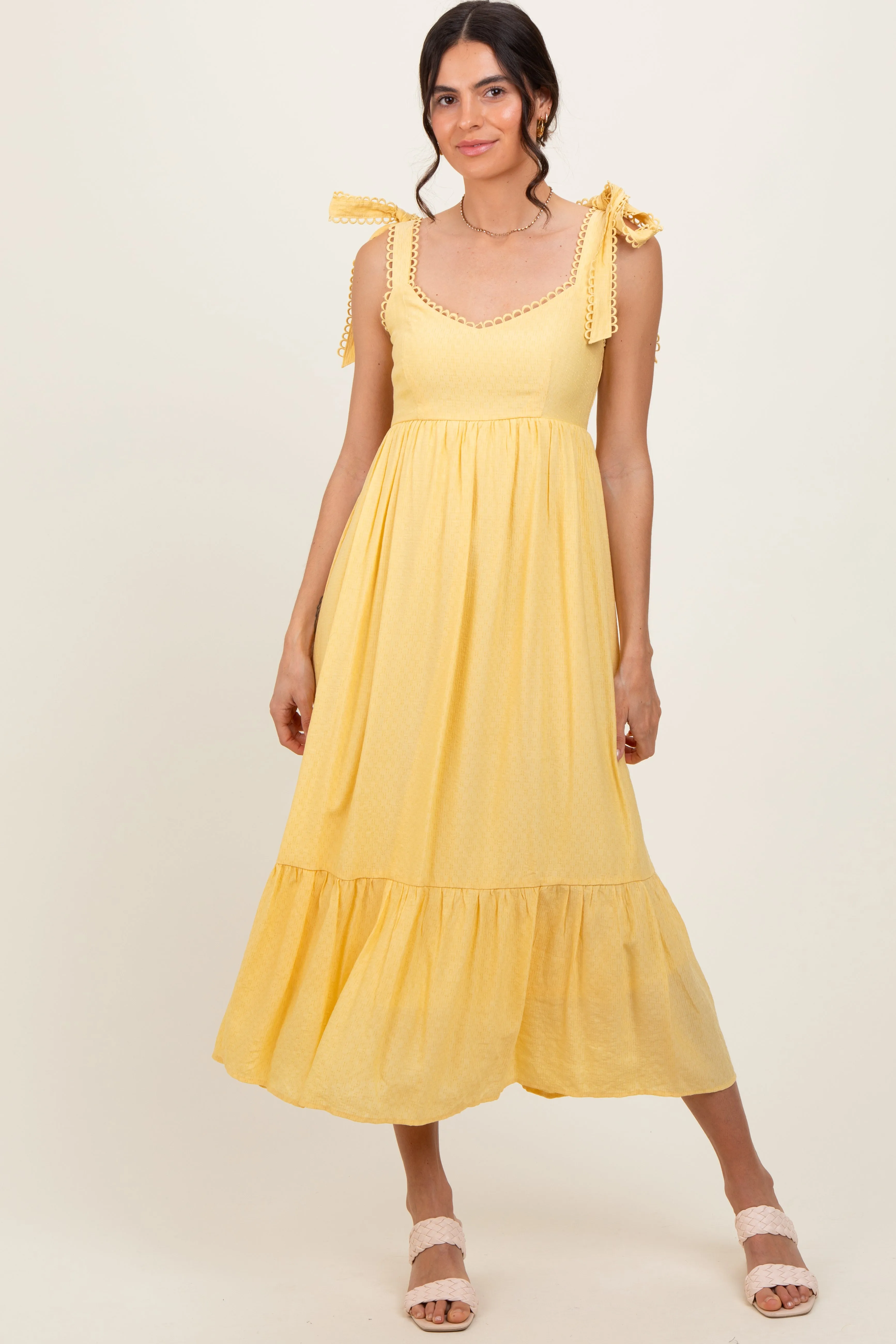 Yellow Scallop Trim Shoulder Tie Maternity Midi Dress sold by Pinkblush product image thumbnail 4