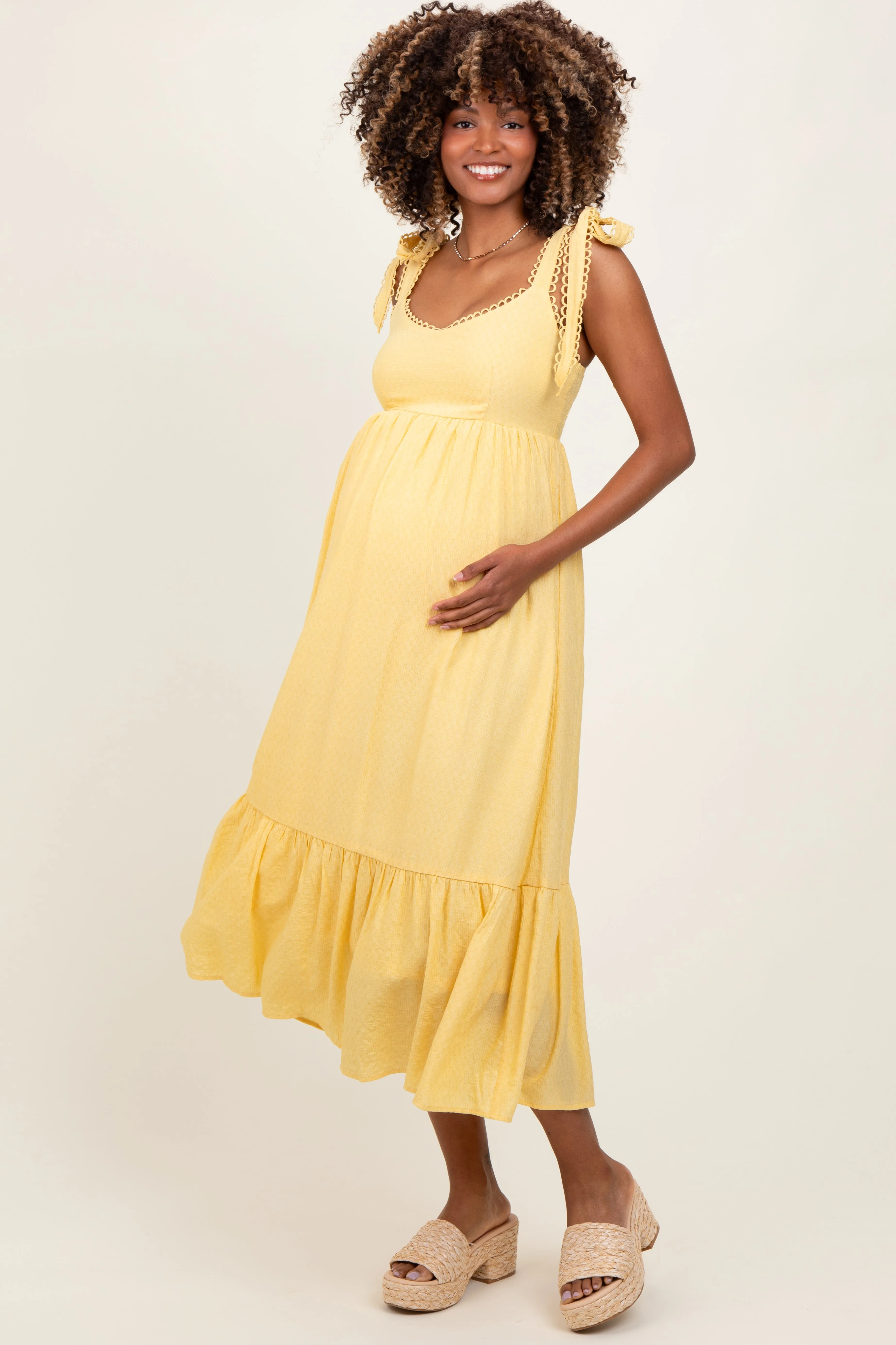 Yellow Scallop Trim Shoulder Tie Maternity Midi Dress sold by Pinkblush