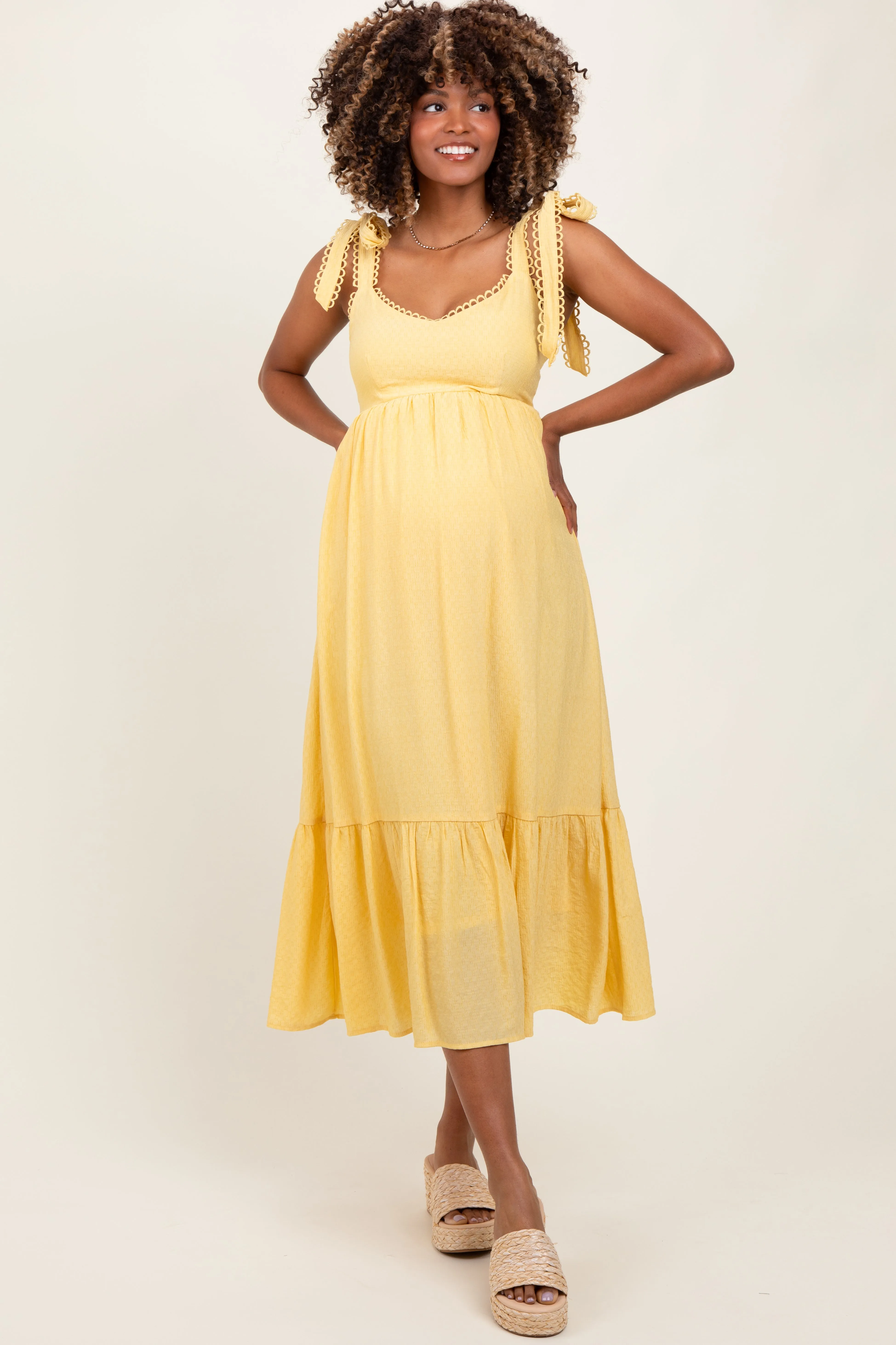 Yellow Scallop Trim Shoulder Tie Maternity Midi Dress sold by Pinkblush product image thumbnail 2