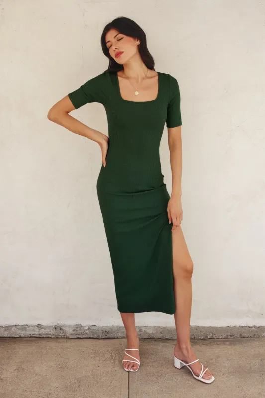Forest Green Ribbed Short Sleeve Side Slit Midi Dress sold by Pinkblush