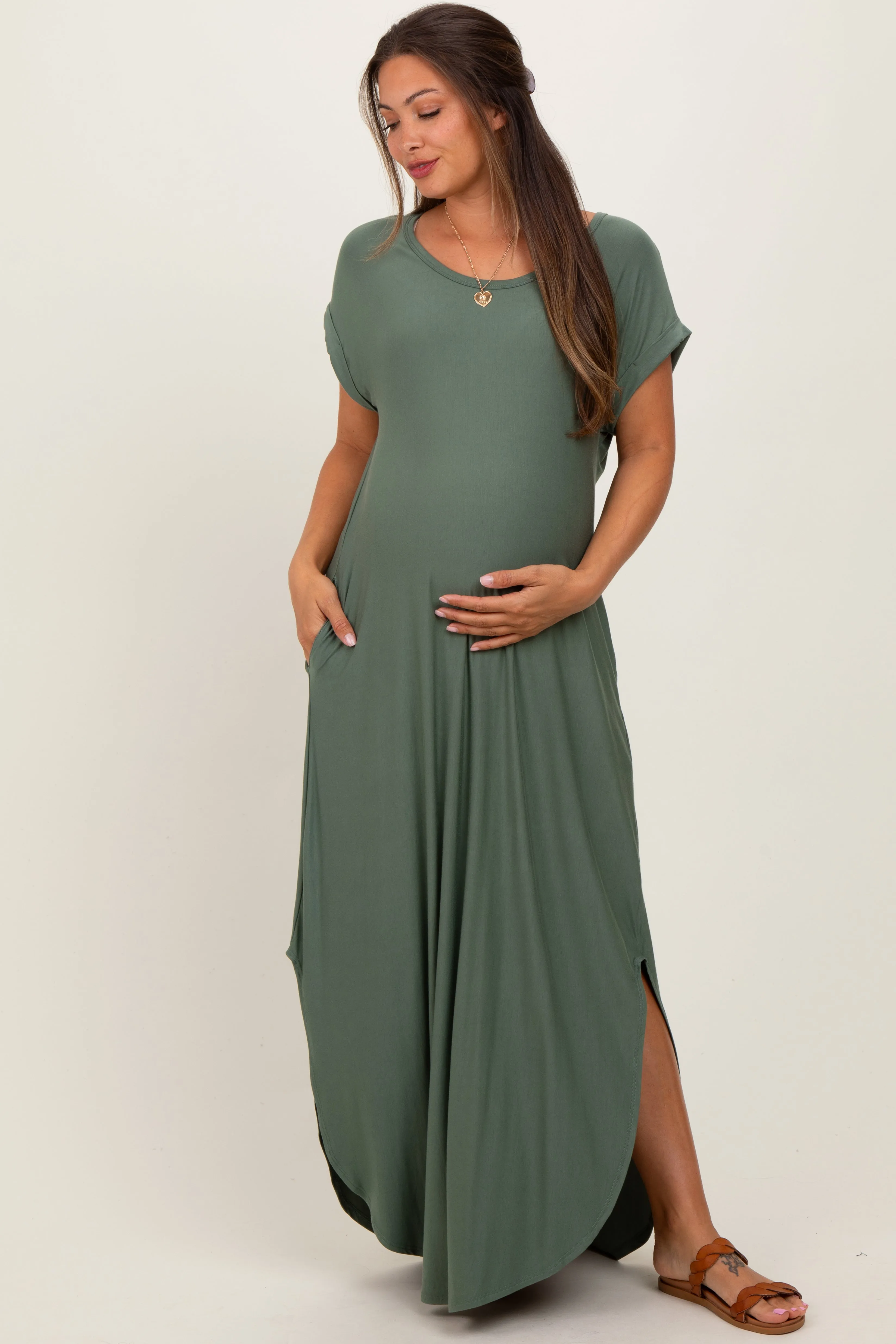 Light Olive Round Hem Side Slit Maternity Maxi Dress sold by Pinkblush