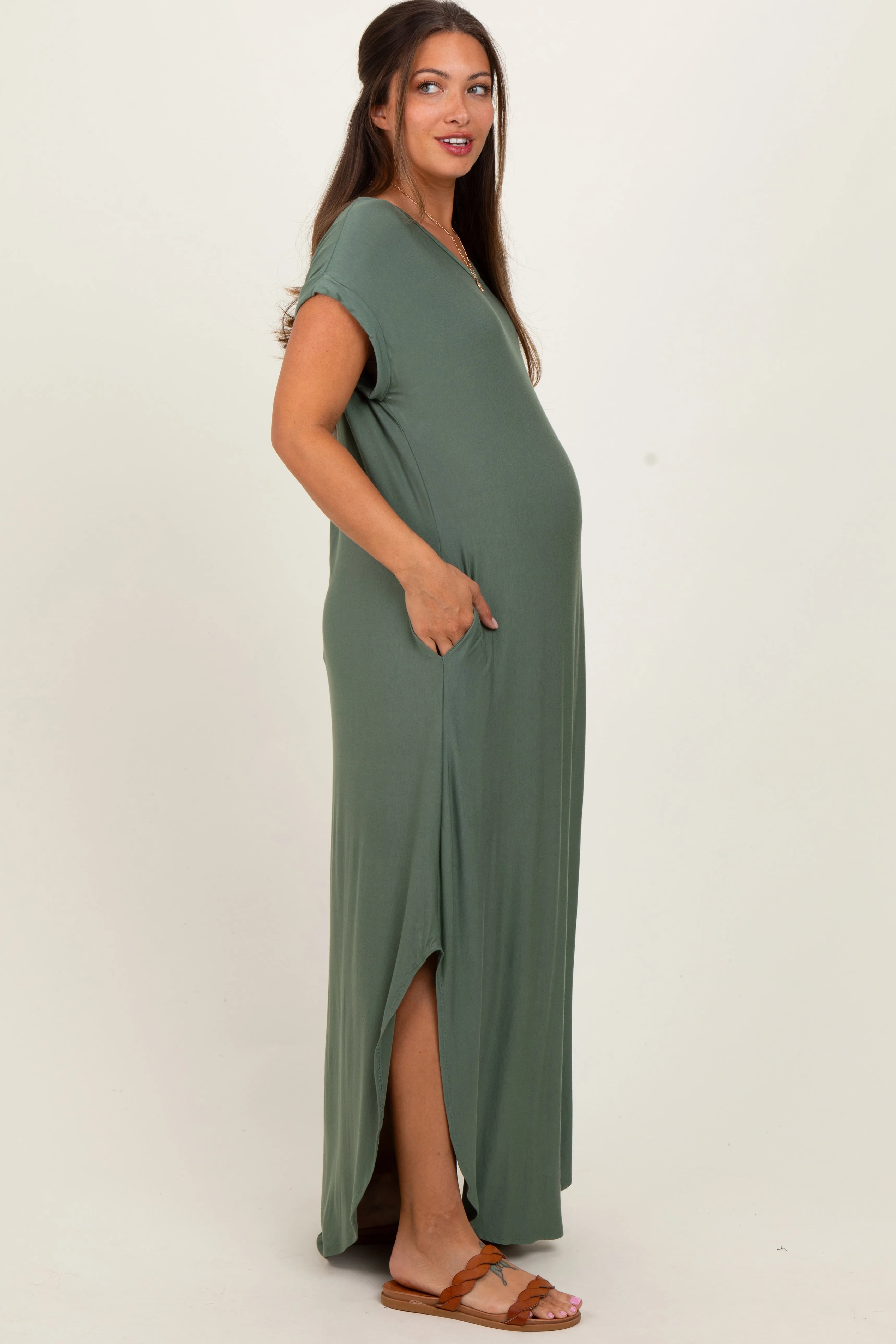 Light Olive Round Hem Side Slit Maternity Maxi Dress sold by Pinkblush product image thumbnail 2