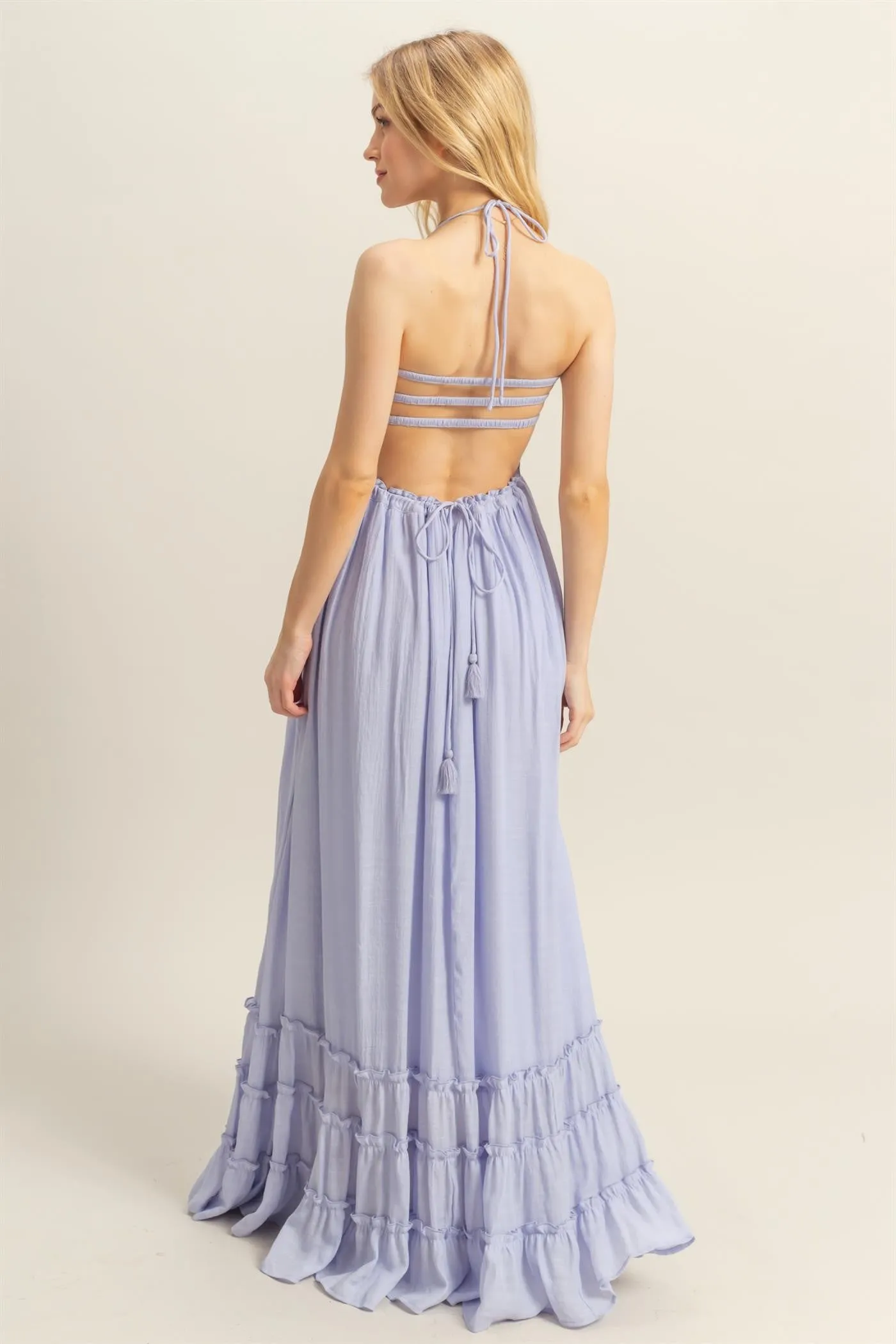 Lavender Halter Neck Smocked Tiered Hem Maxi Dress sold by Pinkblush product image thumbnail 4