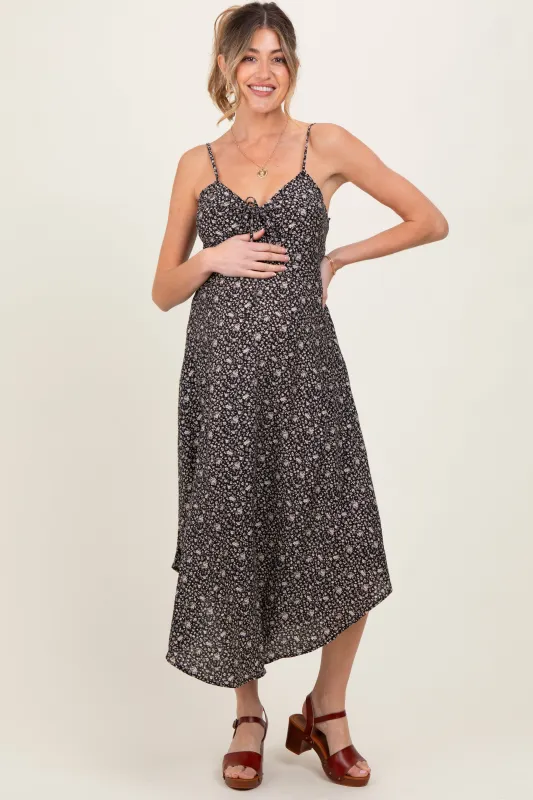 Black Floral Cinched Front Tie Maternity Midi Dress sold by Pinkblush