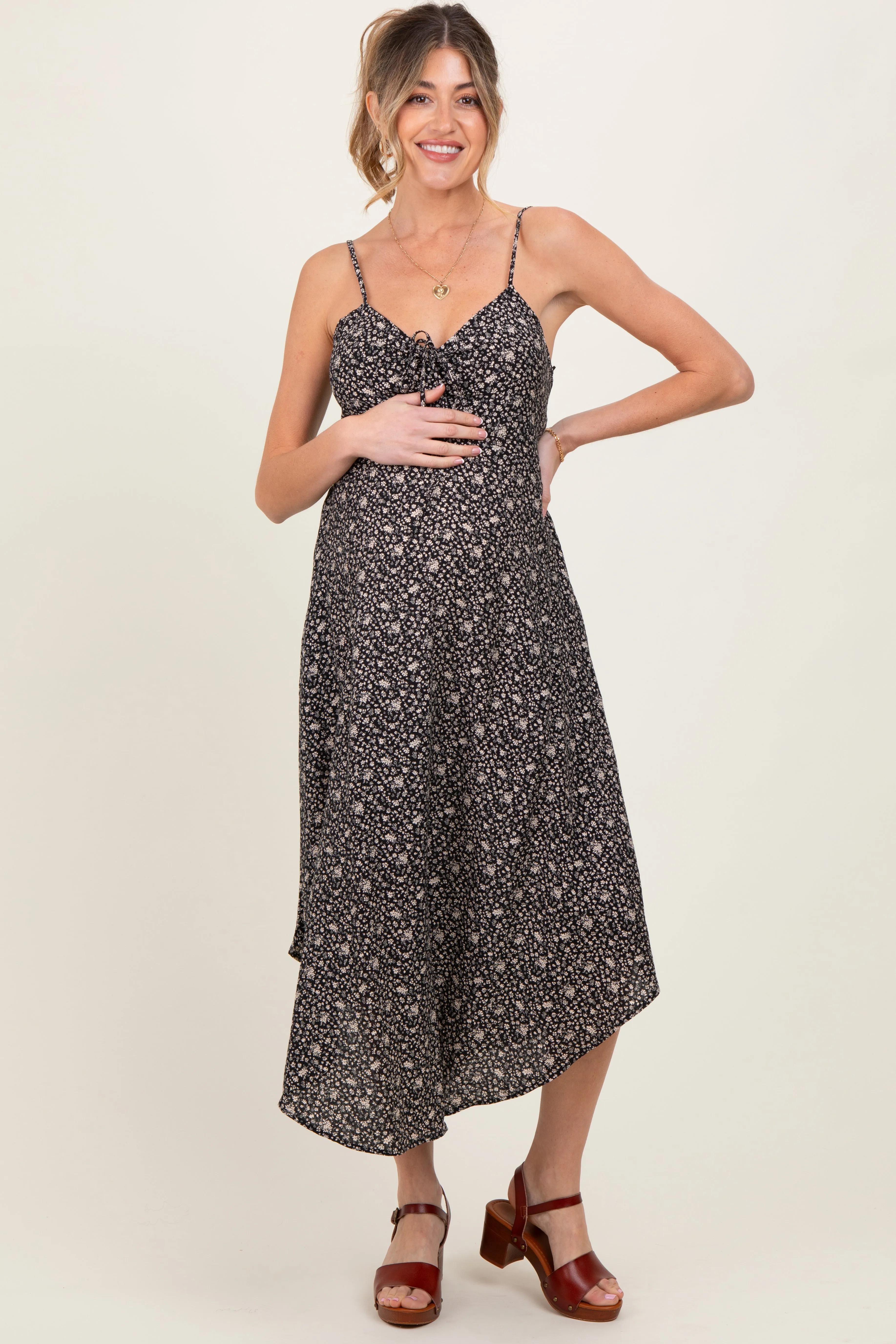 Black Floral Cinched Front Tie Maternity Midi Dress sold by Pinkblush