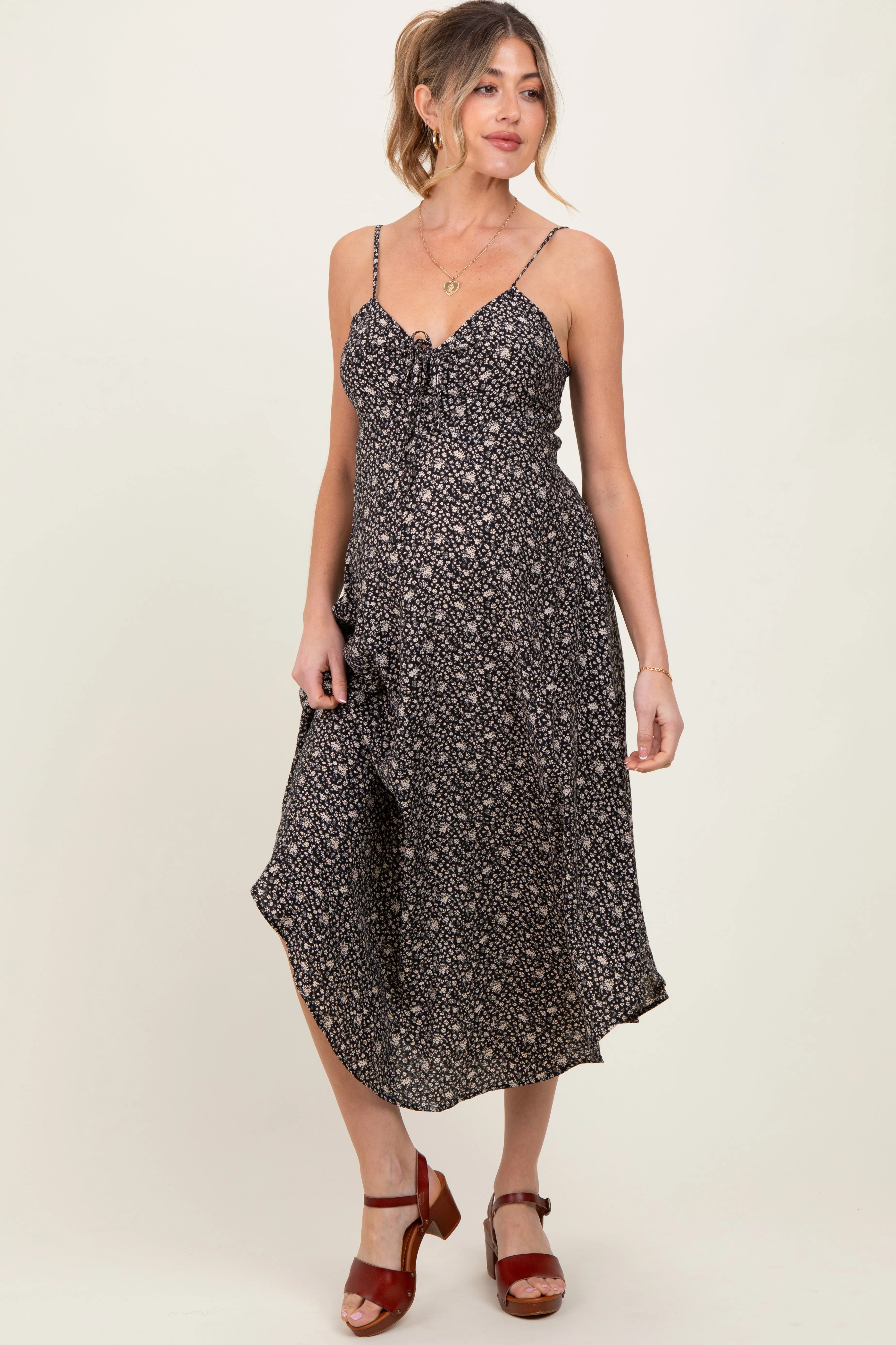 Black Floral Cinched Front Tie Maternity Midi Dress sold by Pinkblush product image thumbnail 2