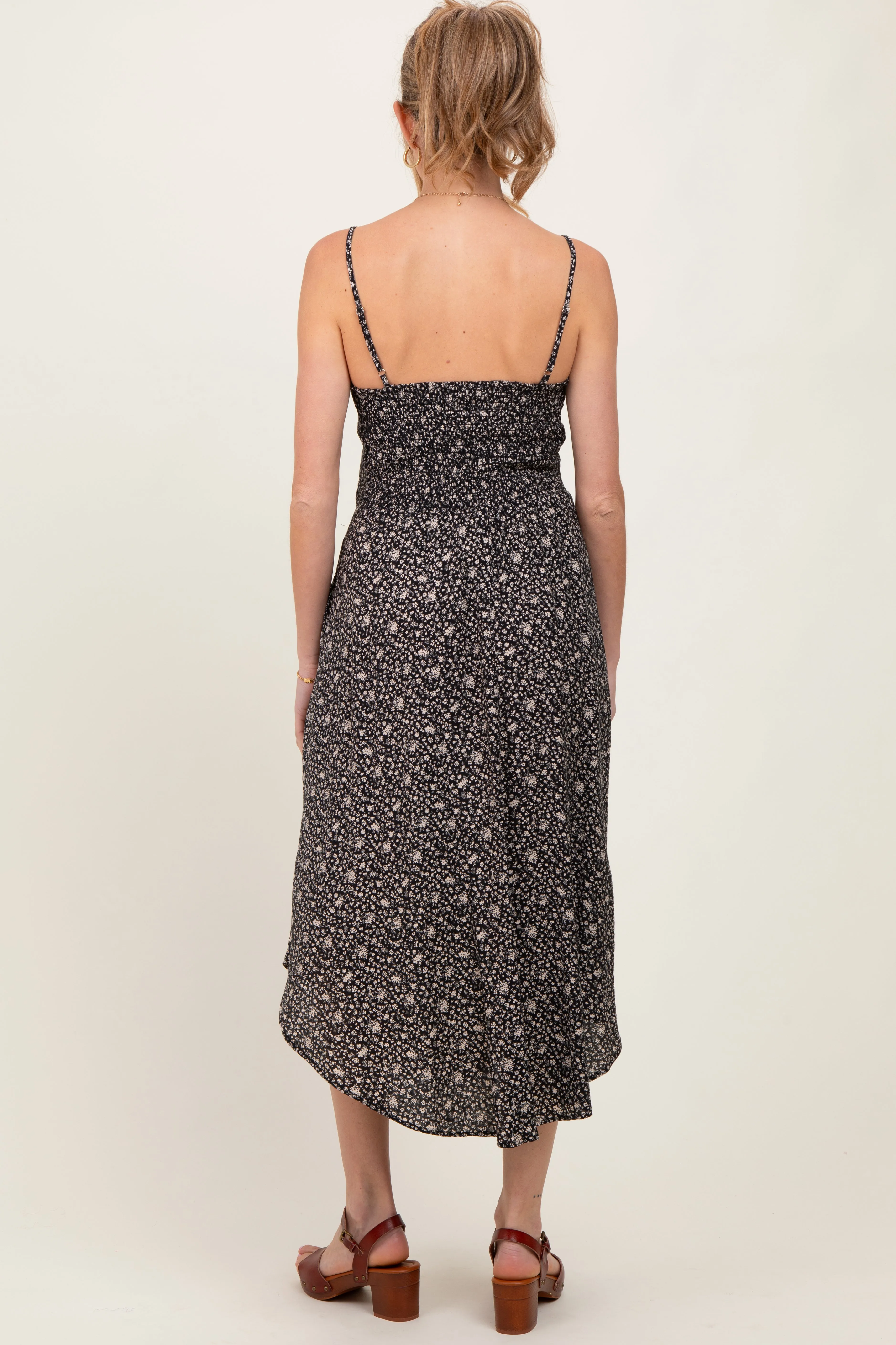 Black Floral Cinched Front Tie Maternity Midi Dress sold by Pinkblush product image thumbnail 3
