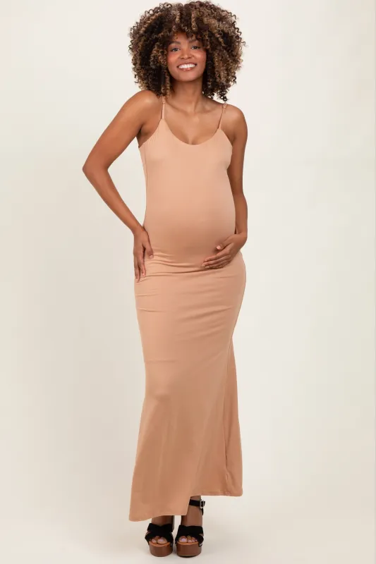 Beige Backless Fishtail Sleeveless Maternity Maxi Dress sold by Pinkblush