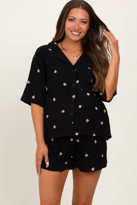 Black Floral Embroidered Top And Shorts Maternity Set sold by Pinkblush