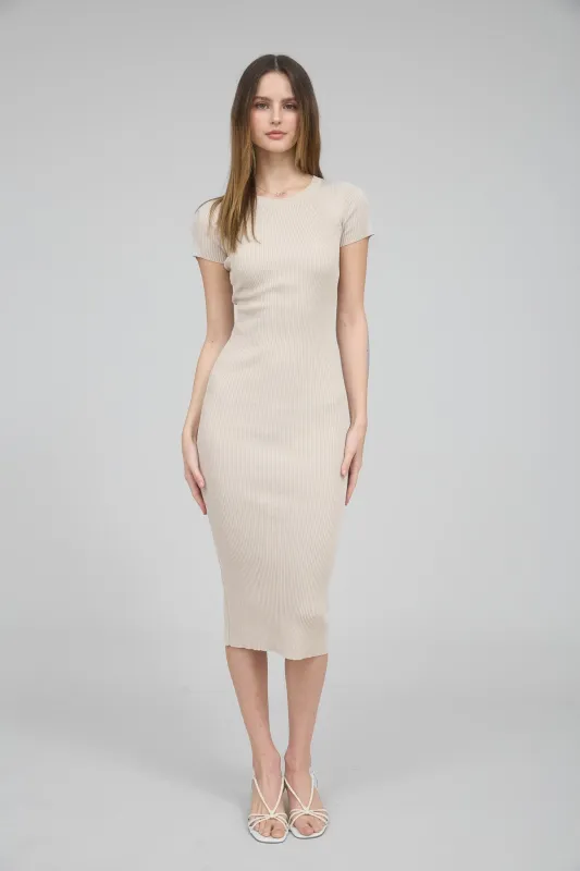 Cream Short Sleeve Rib Knit Midi Dress sold by Pinkblush