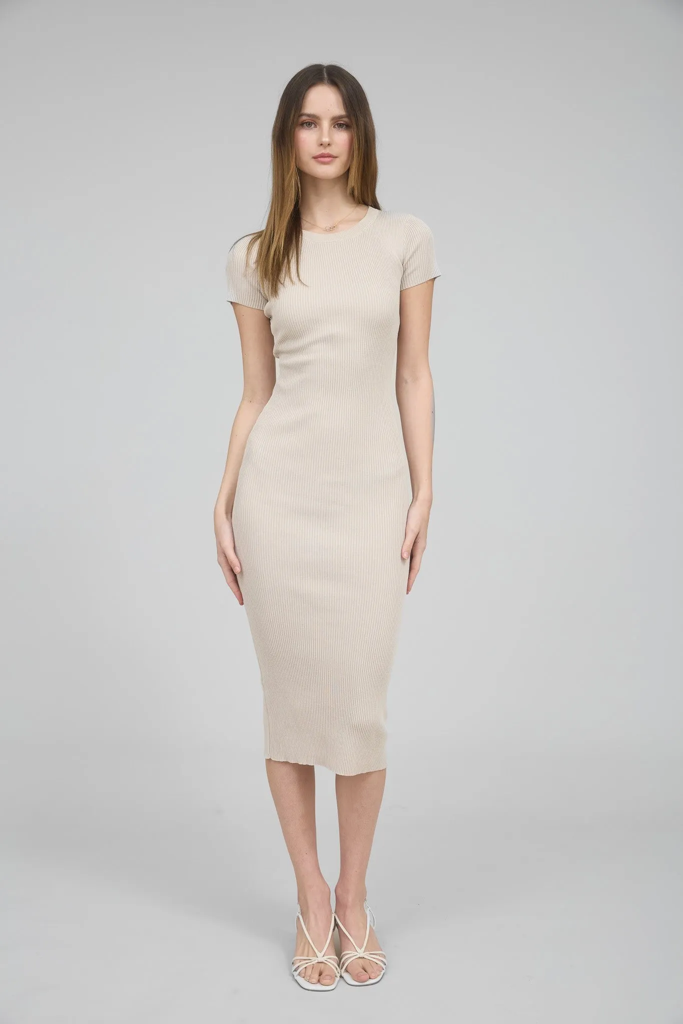 Cream Short Sleeve Rib Knit Midi Dress sold by Pinkblush
