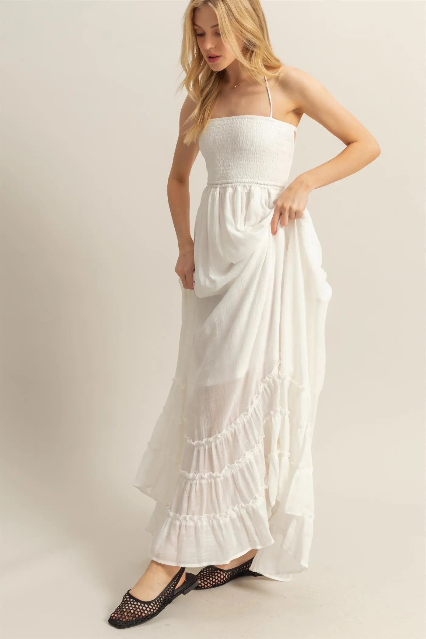 White Halter Neck Smocked Tiered Hem Maxi Dress sold by Pinkblush product image thumbnail 2
