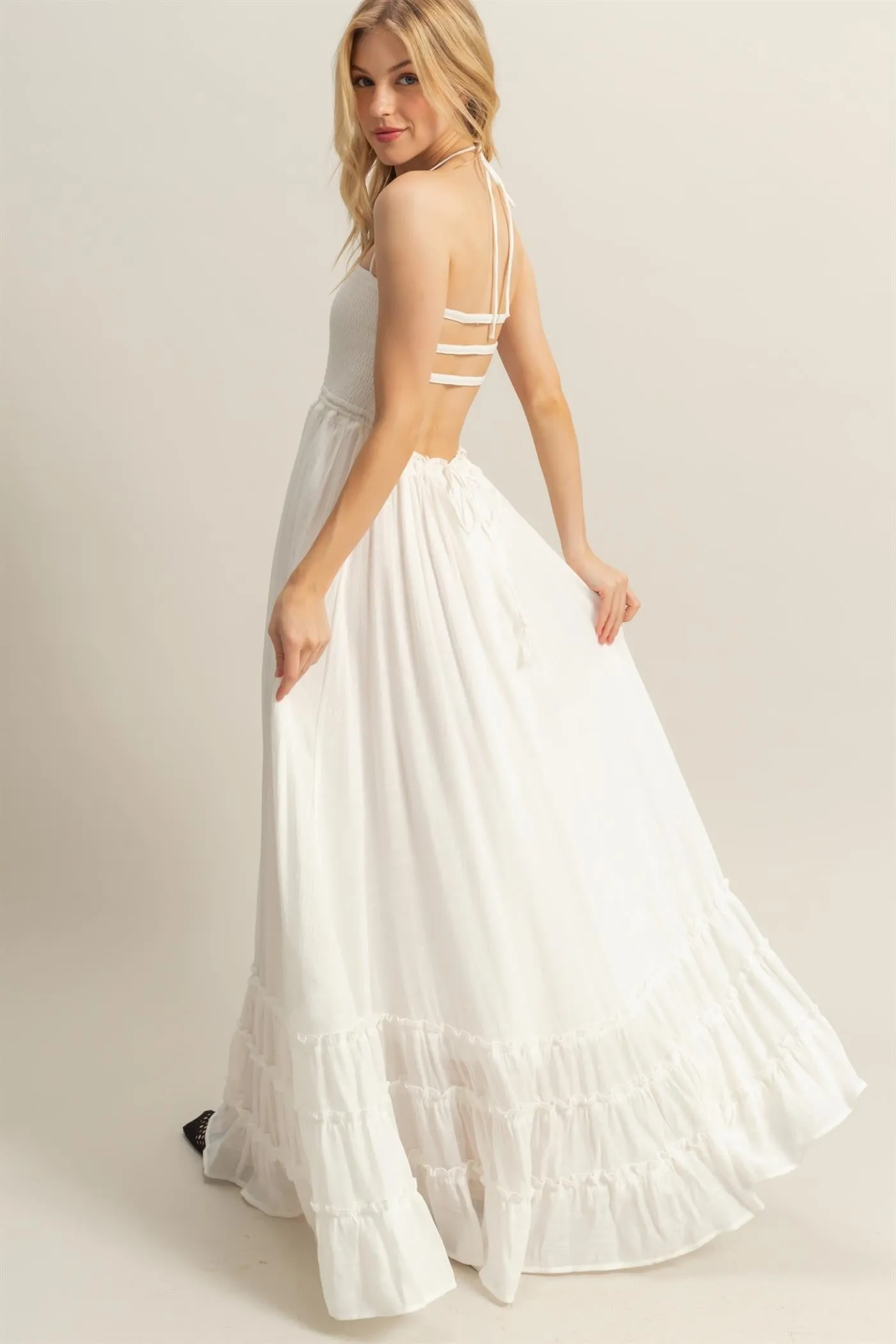 White Halter Neck Smocked Tiered Hem Maxi Dress sold by Pinkblush product image thumbnail 3