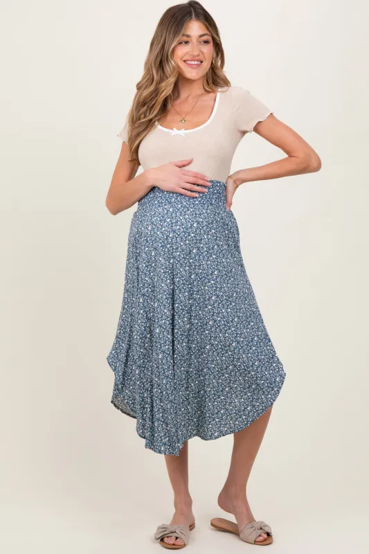 Blue Floral Smocked Waist Maternity Midi Skirt sold by Pinkblush