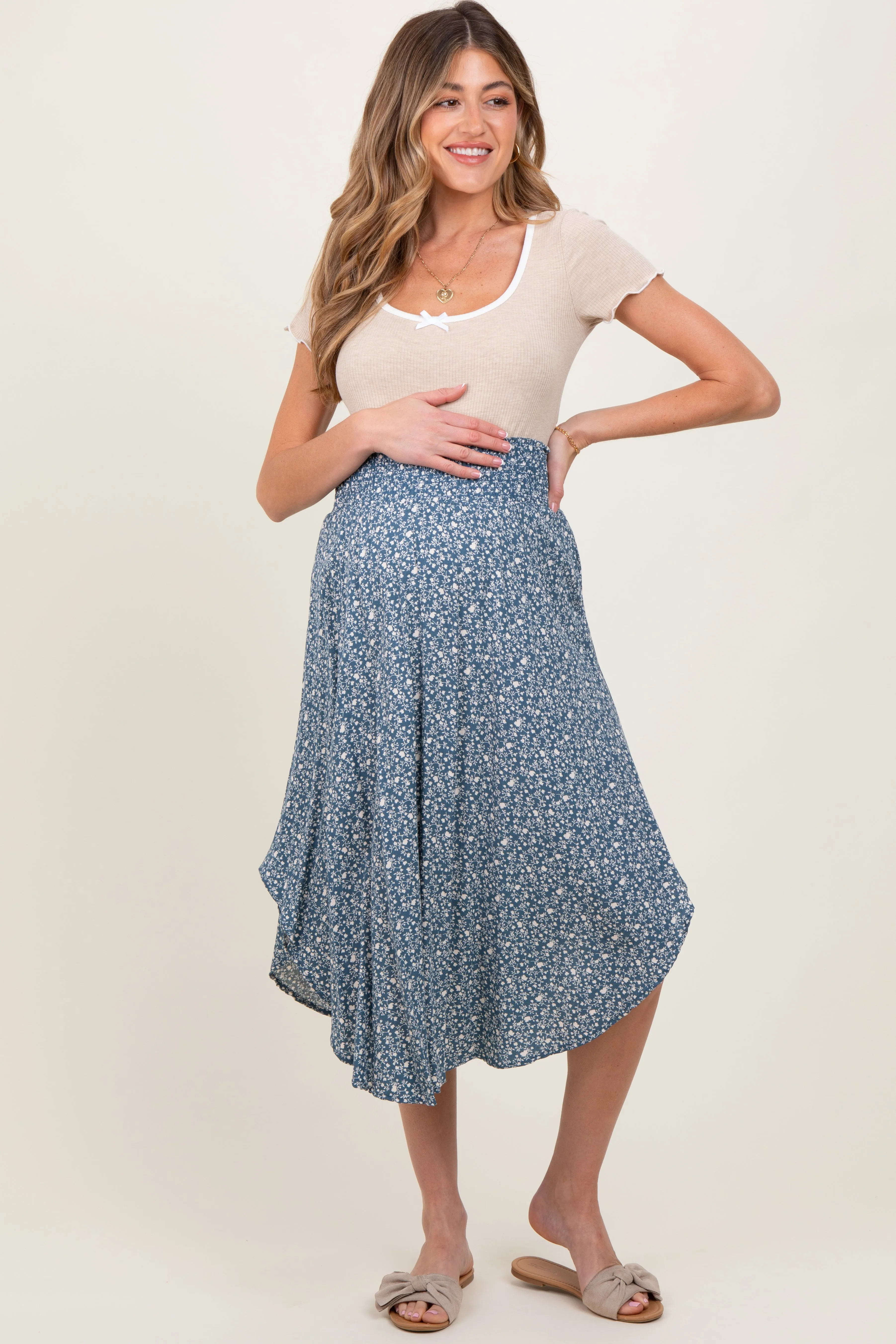Blue Floral Smocked Waist Maternity Midi Skirt sold by Pinkblush