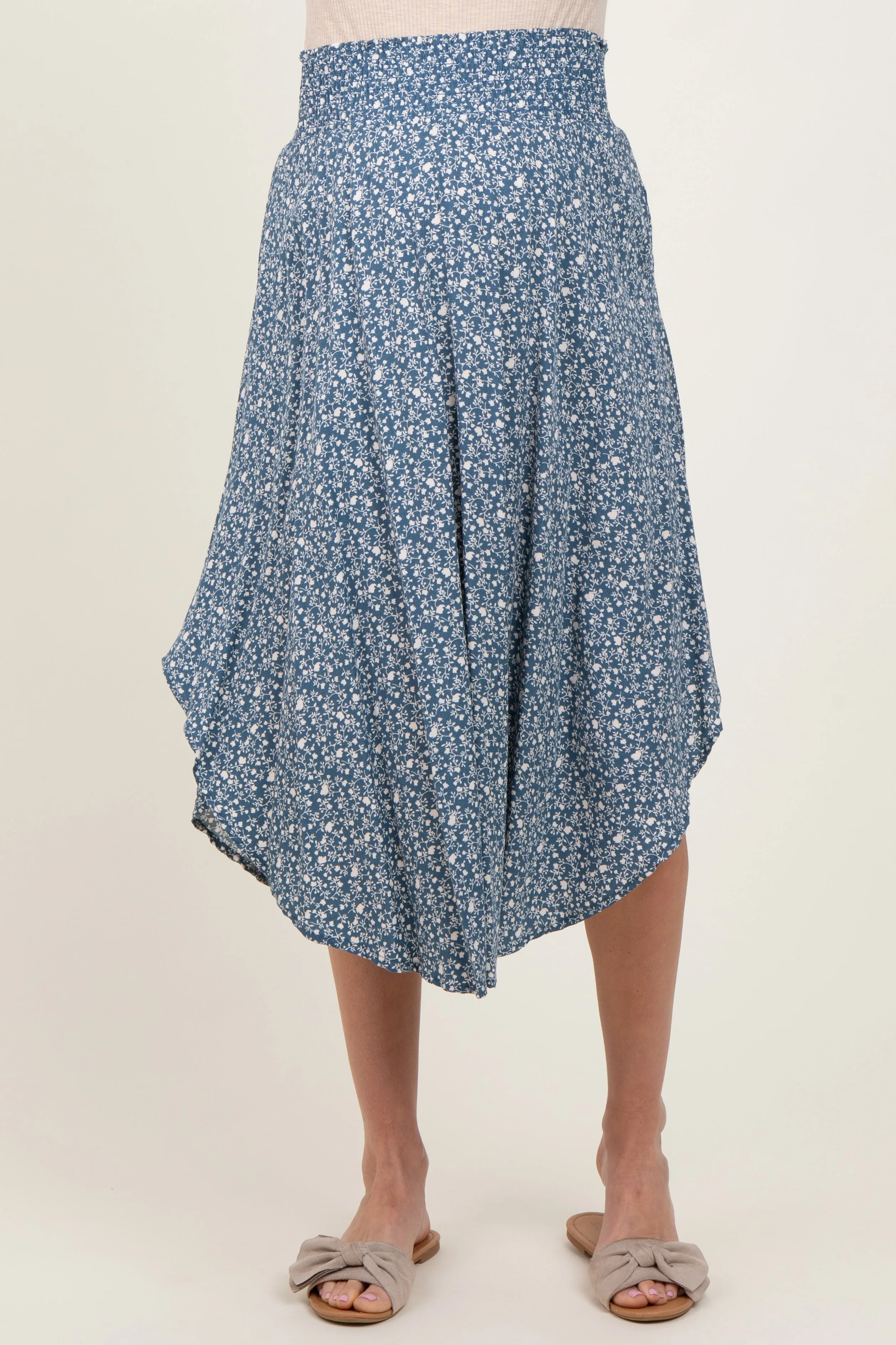 Blue Floral Smocked Waist Maternity Midi Skirt sold by Pinkblush product image thumbnail 2