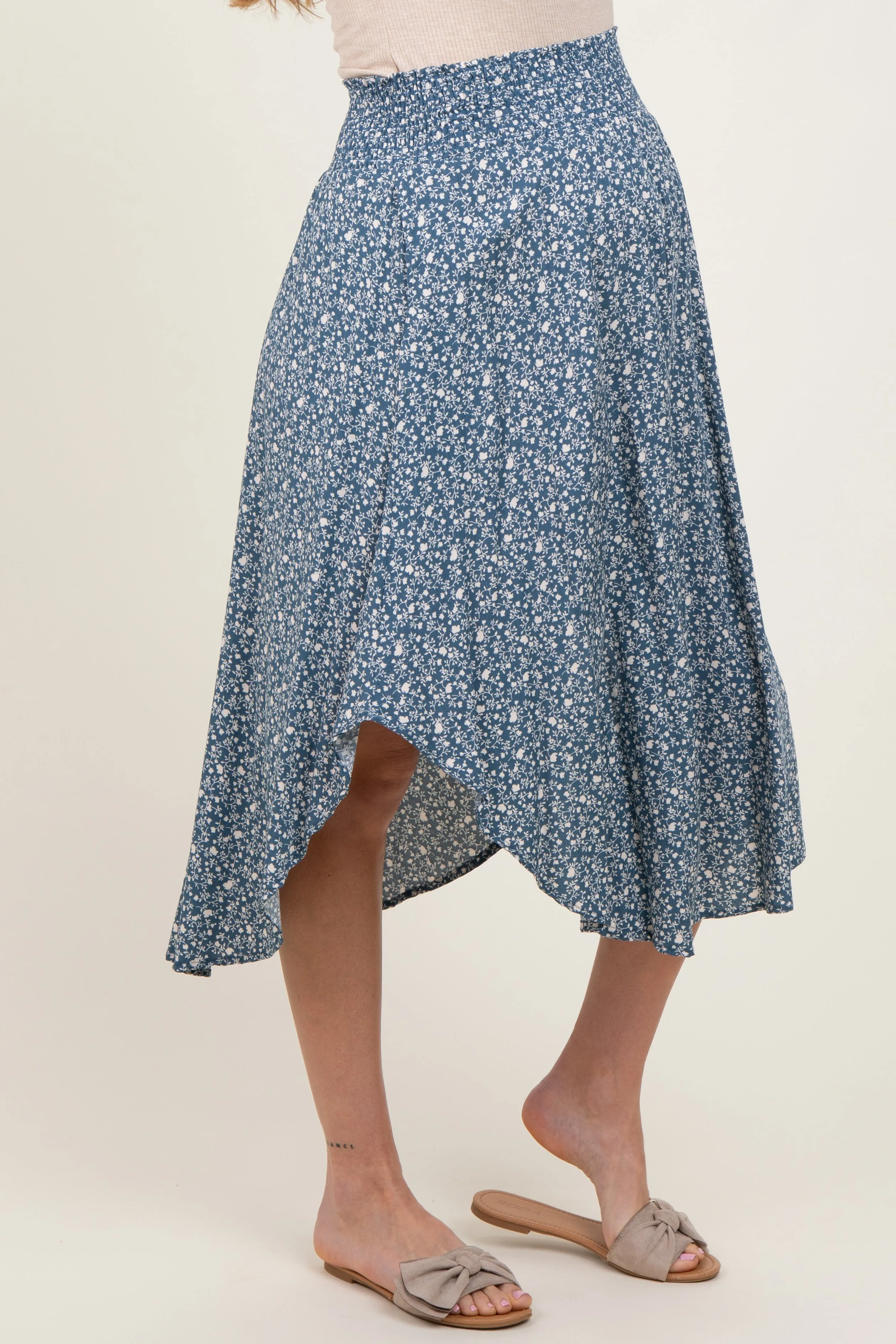 Blue Floral Smocked Waist Maternity Midi Skirt sold by Pinkblush product image thumbnail 3