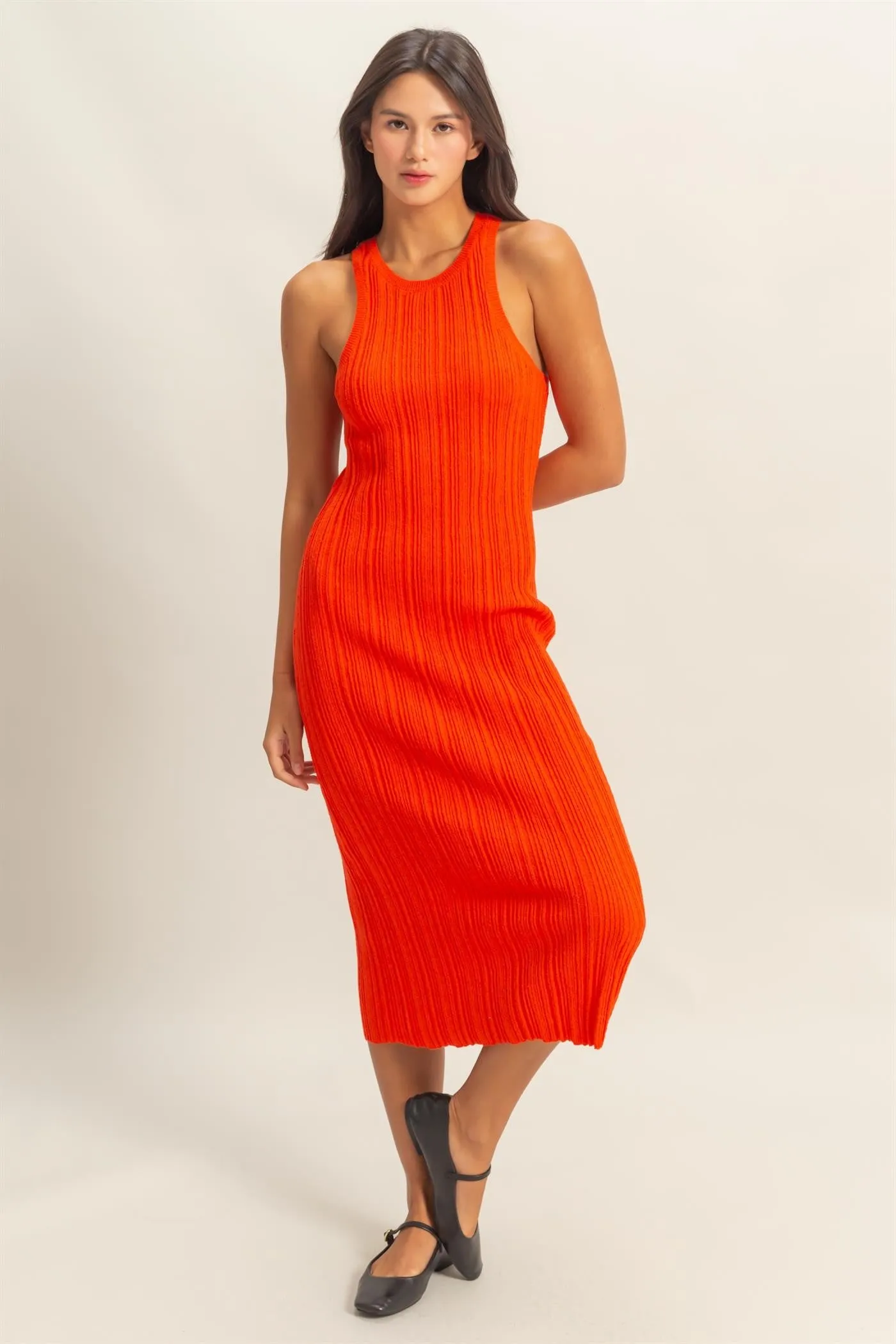 Orange Round Neck Bodycon Ribbed Knit Midi Dress sold by Pinkblush product image thumbnail 2
