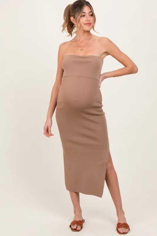 Taupe Strapless Fitted Maternity Maxi Dress sold by Pinkblush