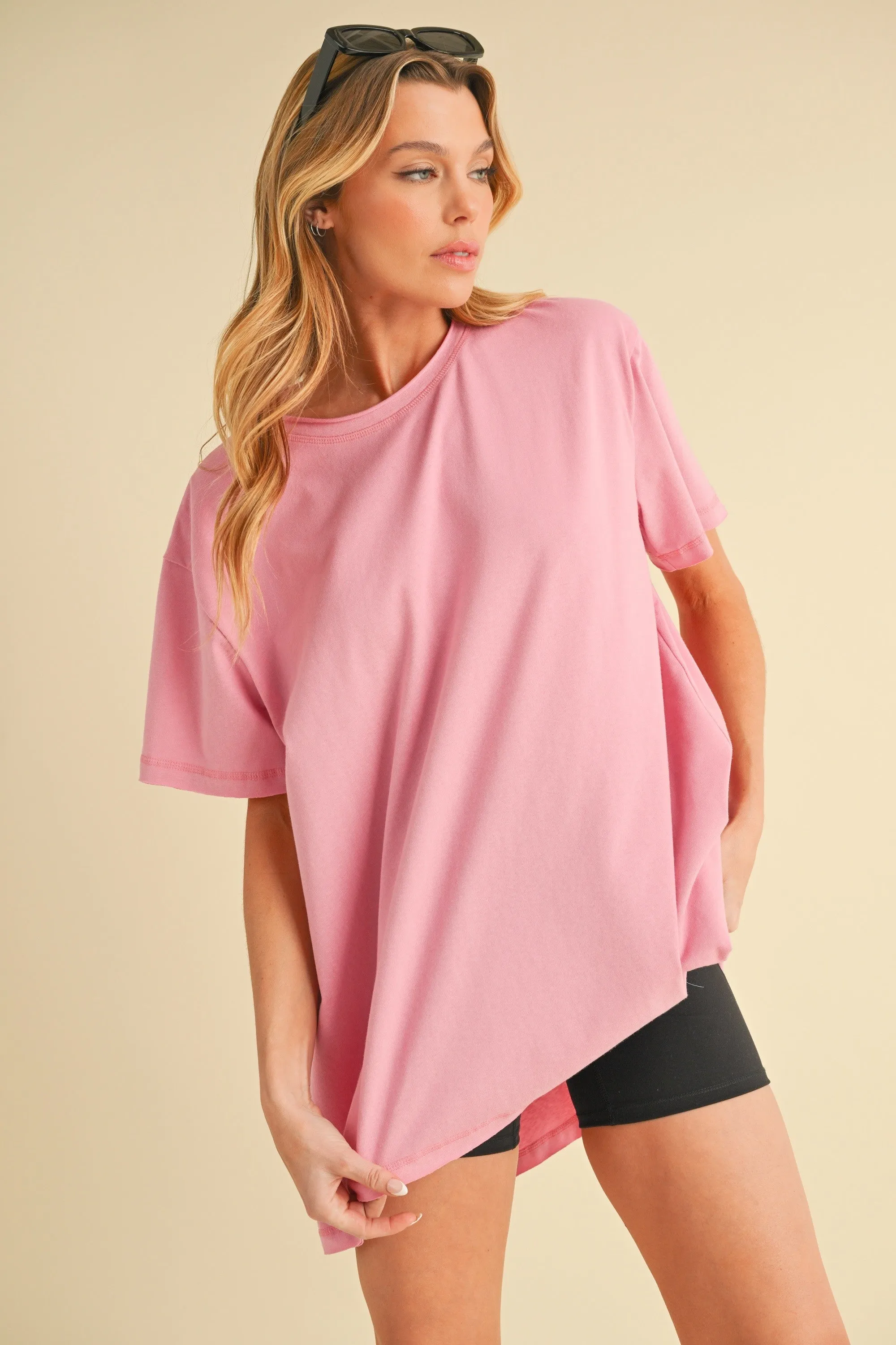 Pink Oversized Cut Hem Short Sleeve T-Shirt sold by Pinkblush