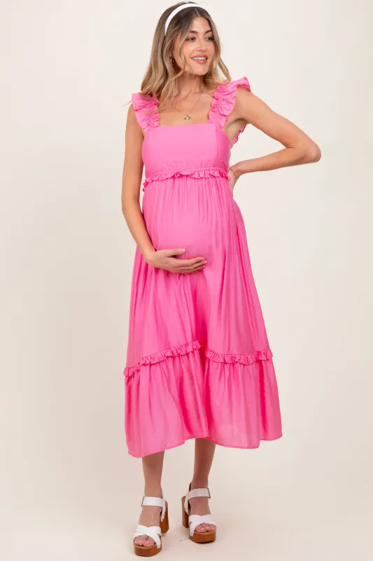 Pink Ruffle Strap Square Neck Maternity Midi Dress sold by Pinkblush