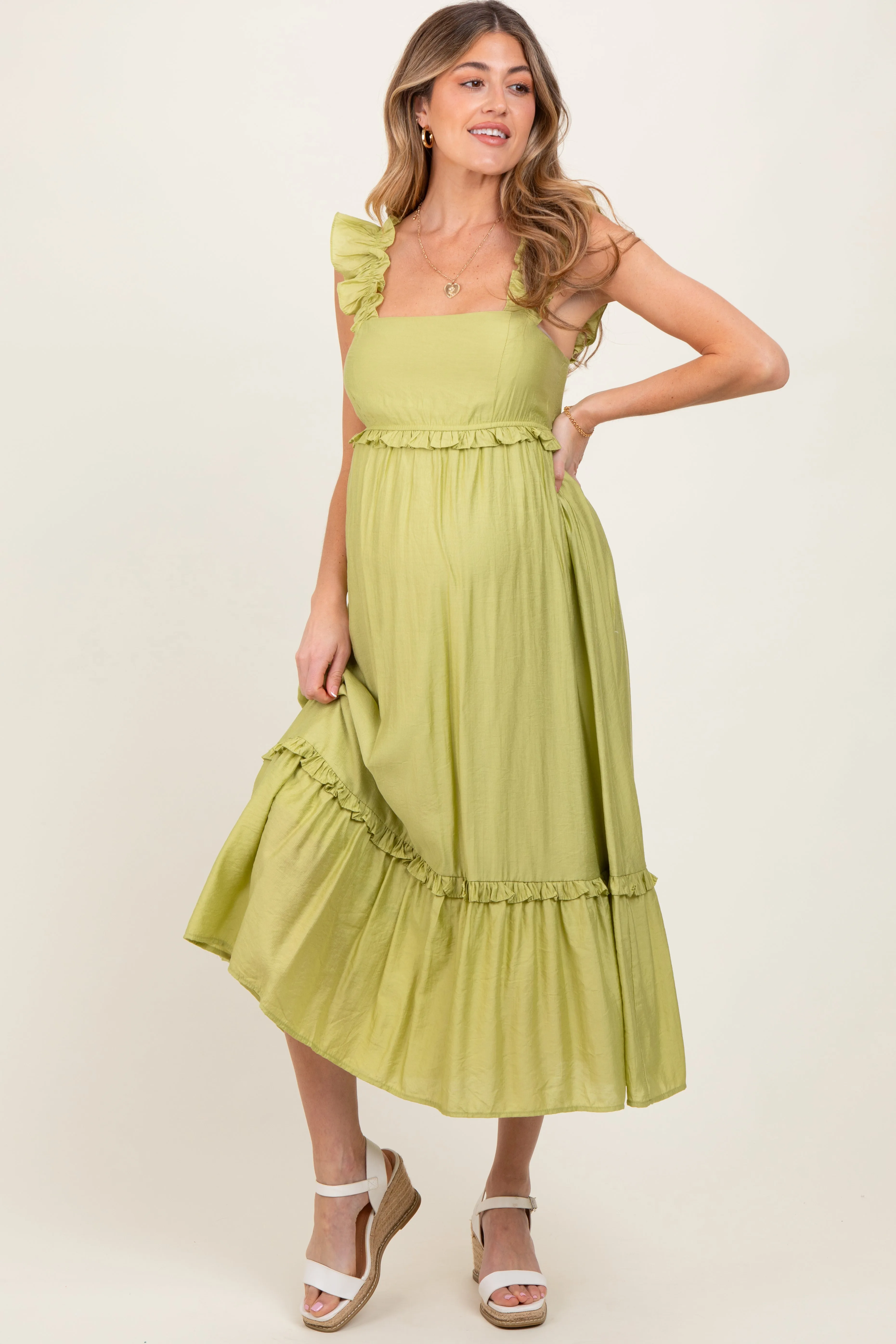 Lime Ruffle Strap Square Neck Maternity Midi Dress sold by Pinkblush product image thumbnail 2
