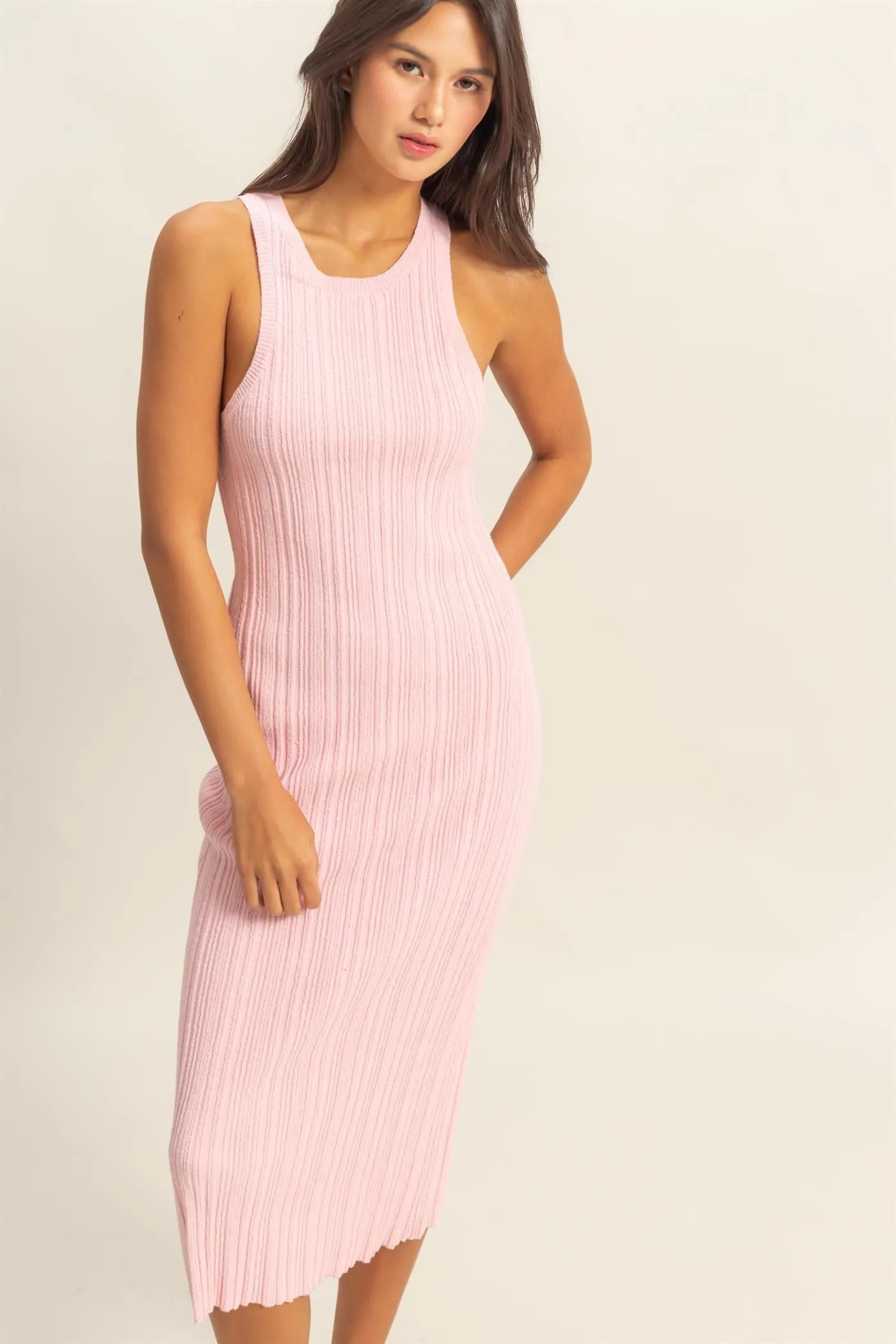 Light Pink Round Neck Bodycon Ribbed Knit Midi Dress sold by Pinkblush product image thumbnail 2