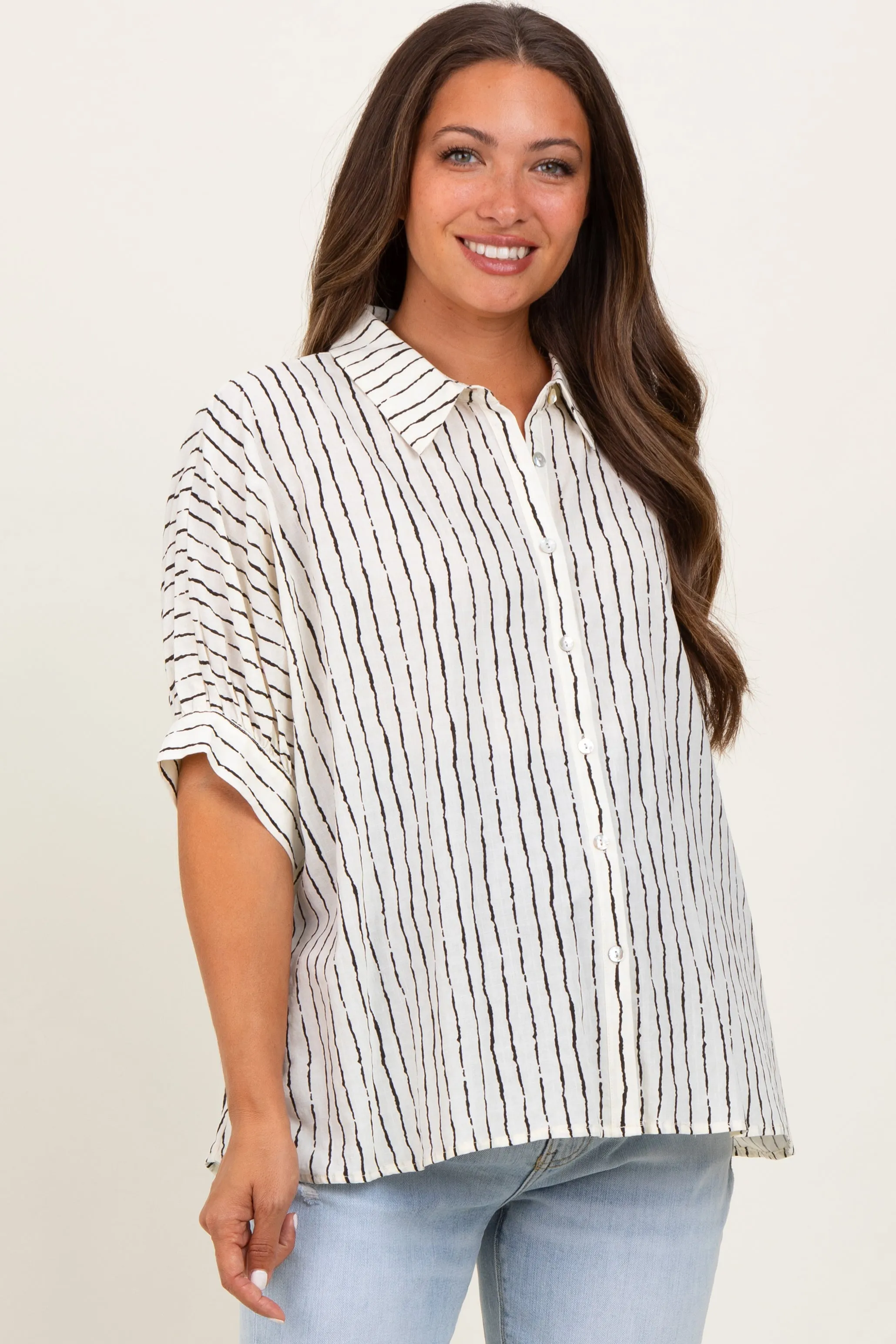 Ivory Striped Drop Shoulder Button Down Maternity Blouse sold by Pinkblush product image thumbnail 2
