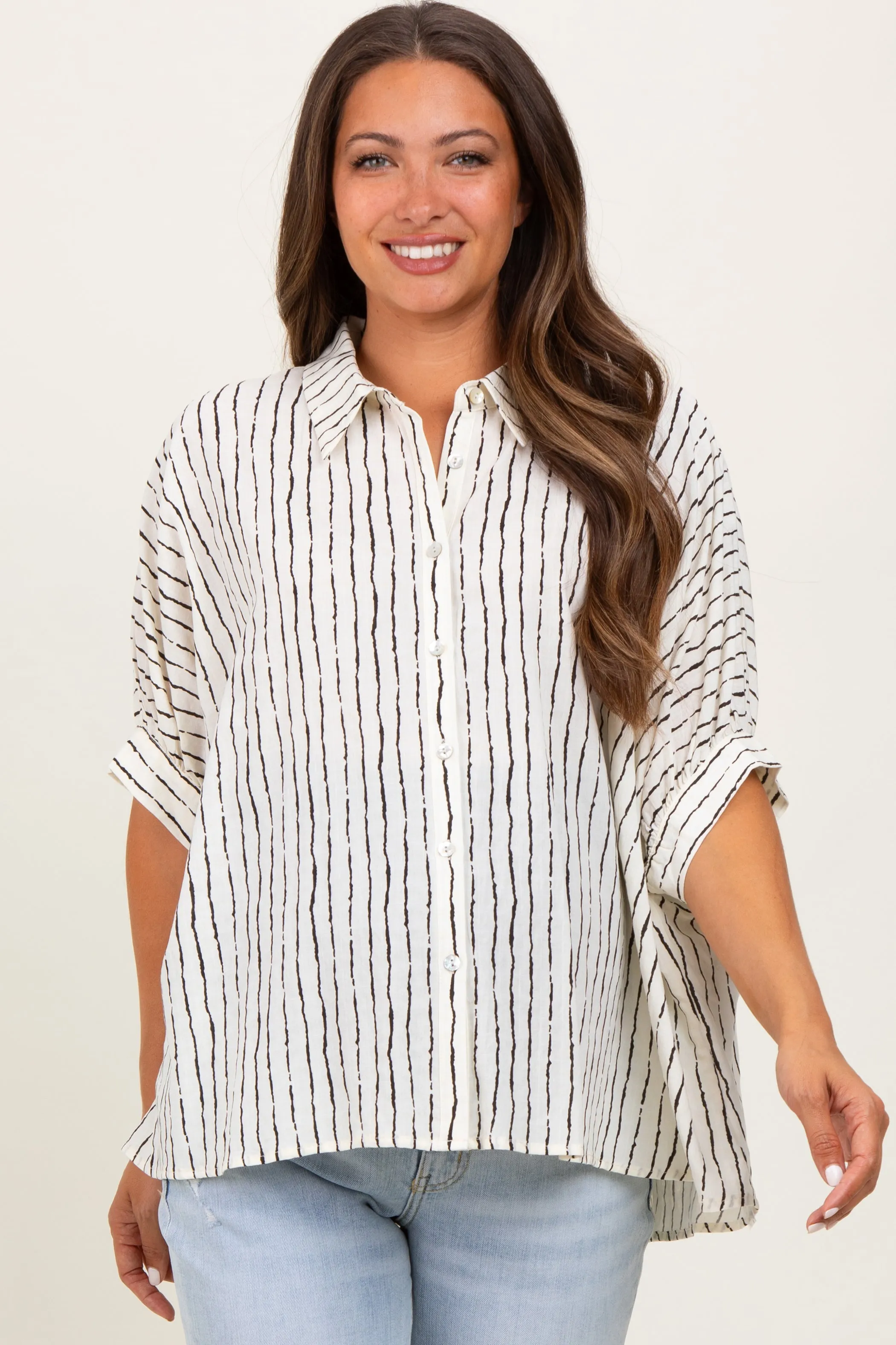 Ivory Striped Drop Shoulder Button Down Maternity Blouse sold by Pinkblush