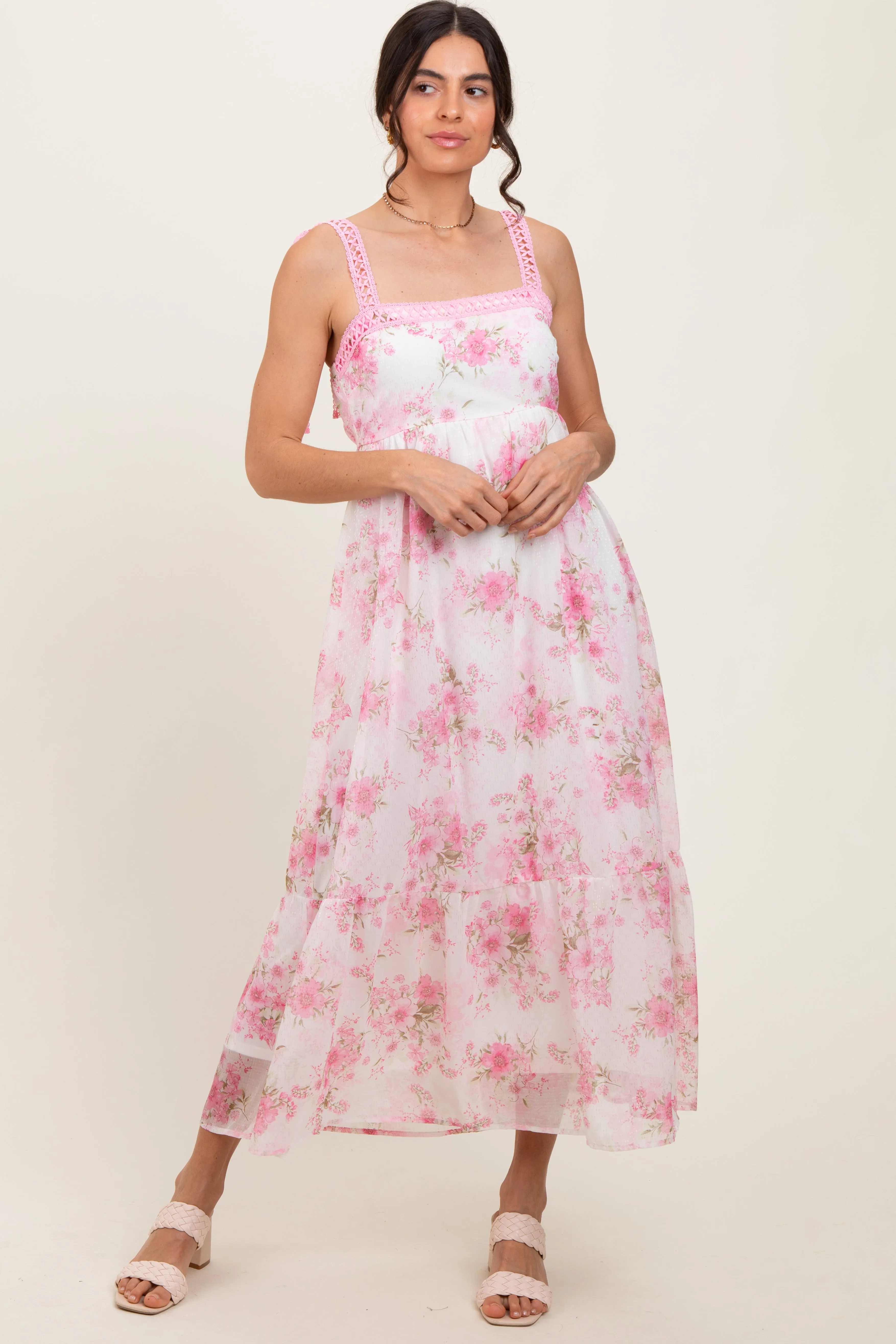 Pink Floral Chiffon Overlay Lace Shoulder Tie Maternity Midi Dress sold by Pinkblush product image thumbnail 5