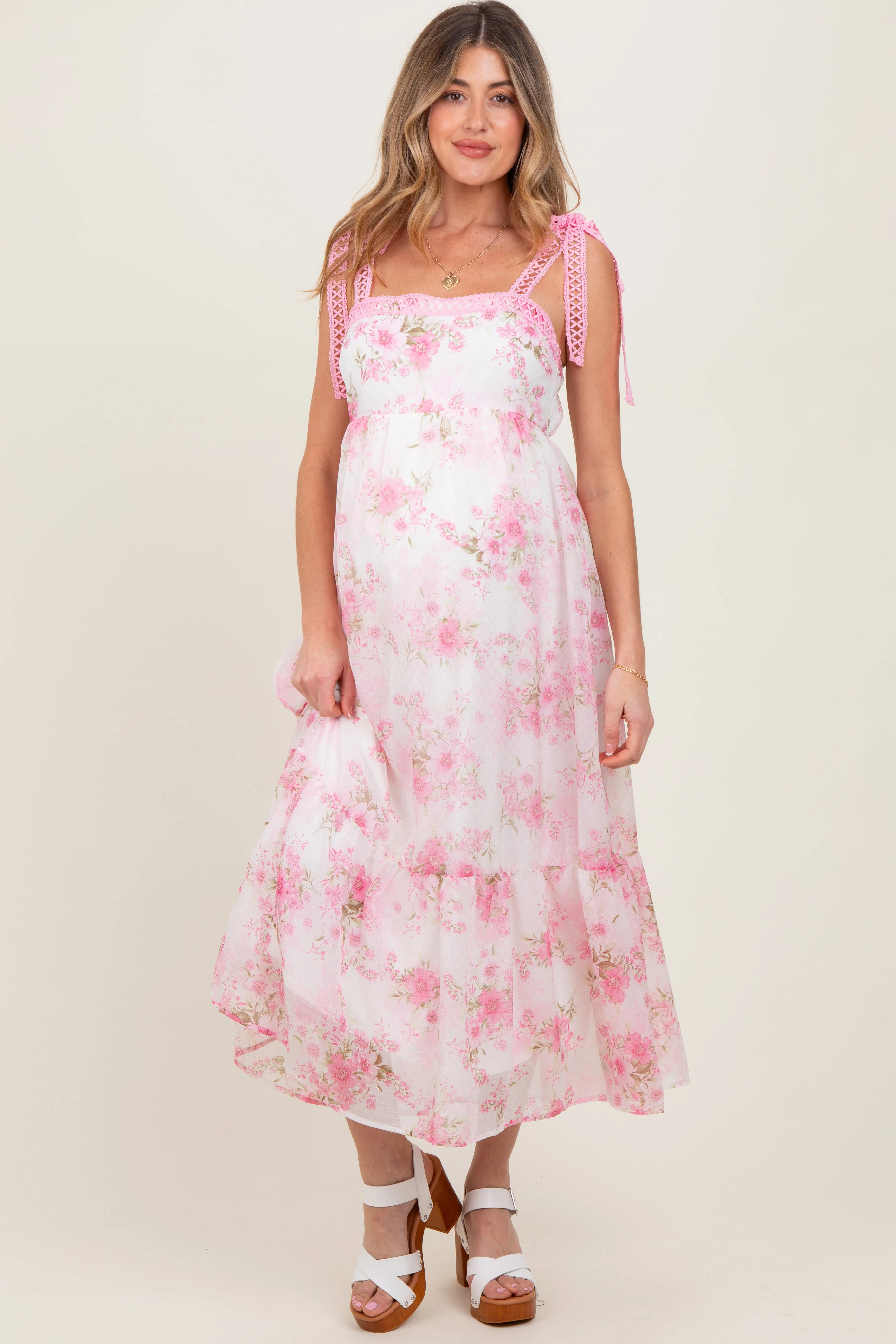 Pink Floral Chiffon Overlay Lace Shoulder Tie Maternity Midi Dress sold by Pinkblush product image thumbnail 2