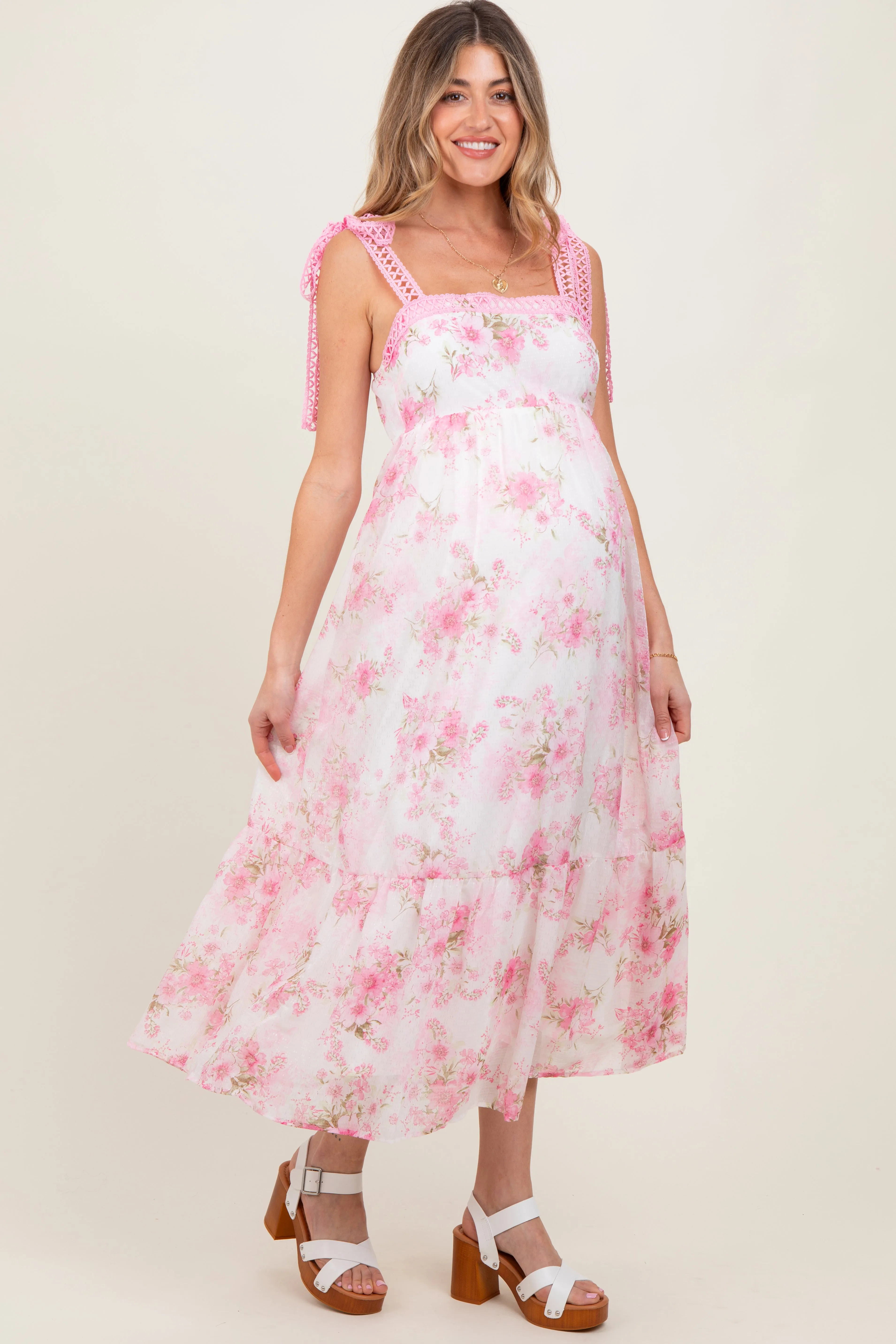 Pink Floral Chiffon Overlay Lace Shoulder Tie Maternity Midi Dress sold by Pinkblush product image thumbnail 3