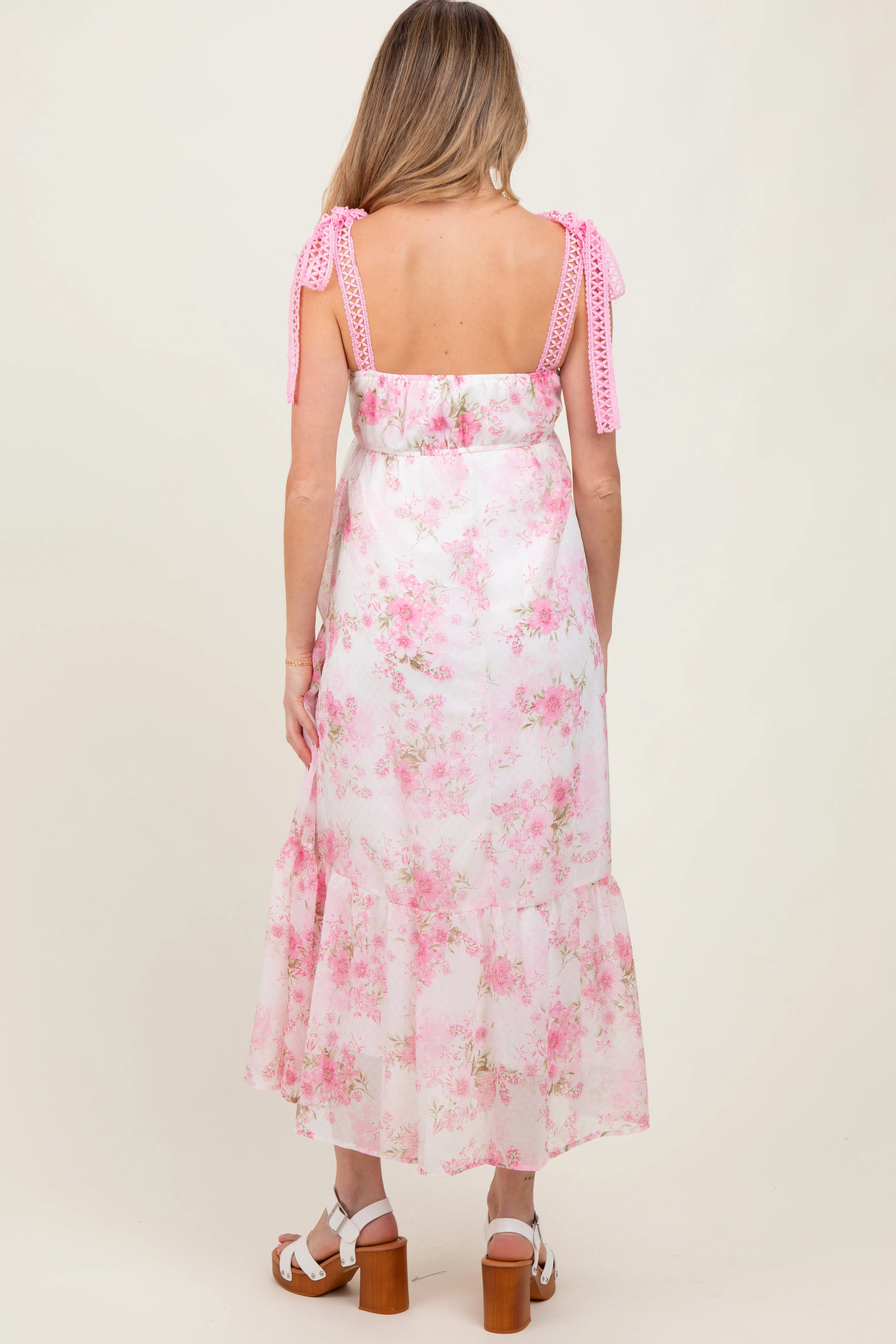 Pink Floral Chiffon Overlay Lace Shoulder Tie Maternity Midi Dress sold by Pinkblush product image thumbnail 4