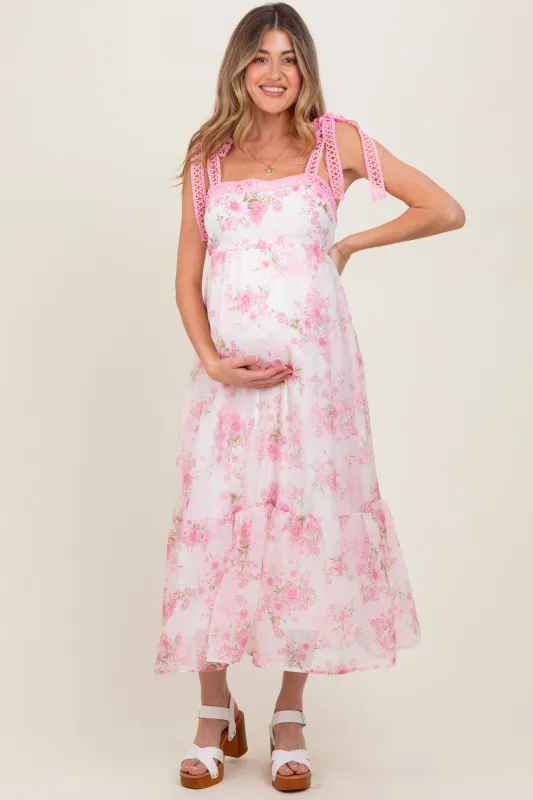Pink Floral Chiffon Overlay Lace Shoulder Tie Maternity Midi Dress sold by Pinkblush
