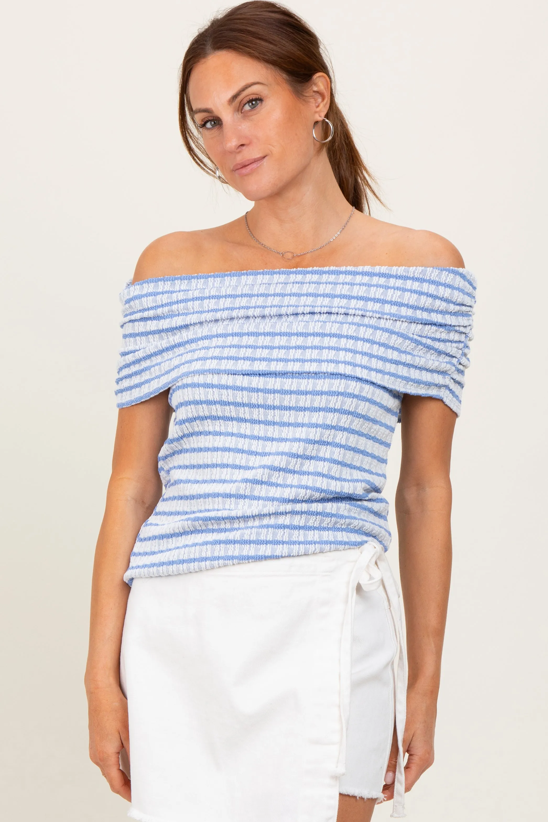 Blue Off The Shoulder Striped Maternity Top sold by Pinkblush product image thumbnail 4