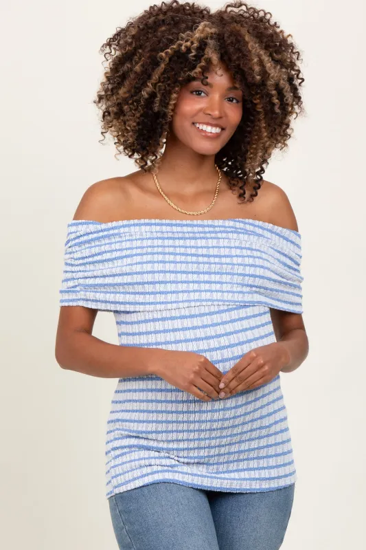 Blue Off The Shoulder Striped Maternity Top sold by Pinkblush