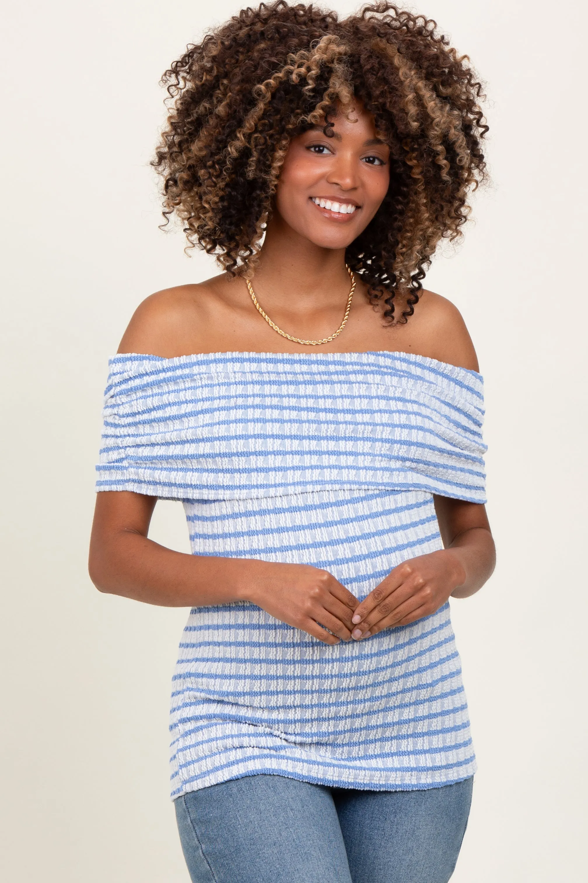 Blue Off The Shoulder Striped Maternity Top sold by Pinkblush