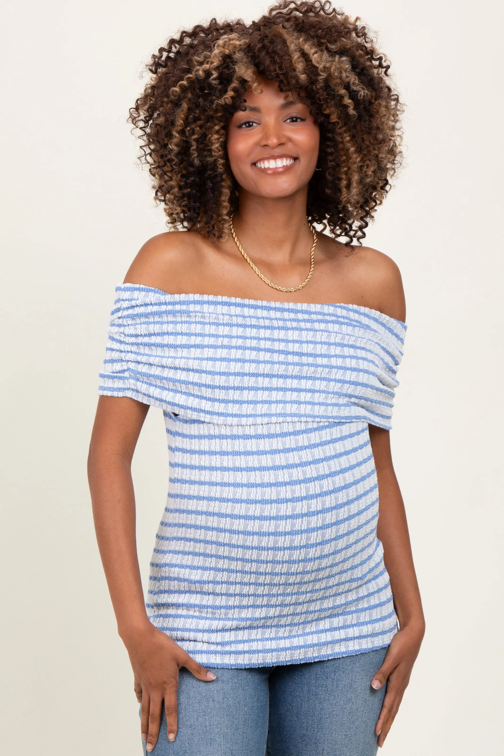 Blue Off The Shoulder Striped Maternity Top sold by Pinkblush product image thumbnail 2