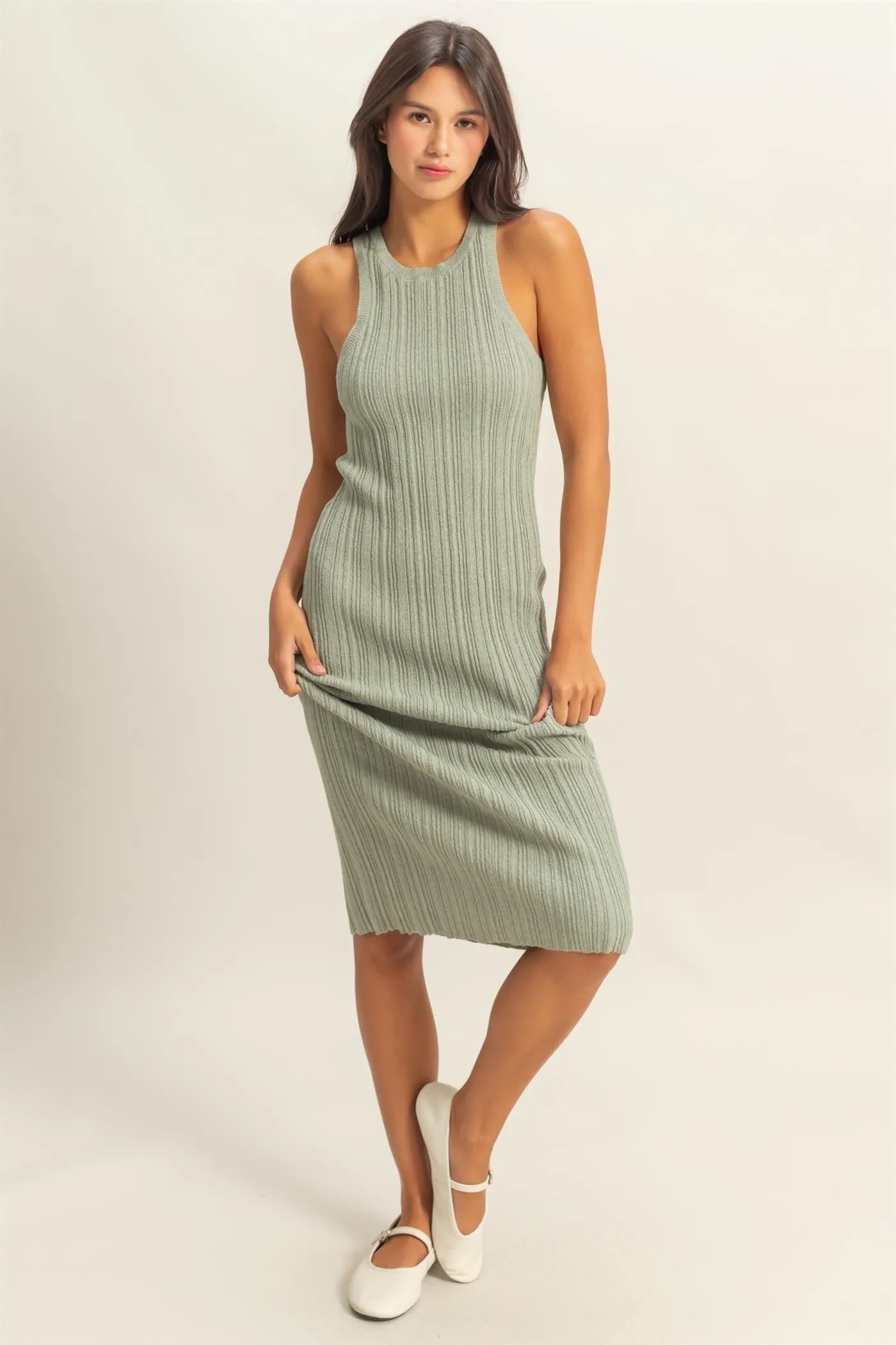 Sage Round Neck Bodycon Ribbed Knit Midi Dress sold by Pinkblush