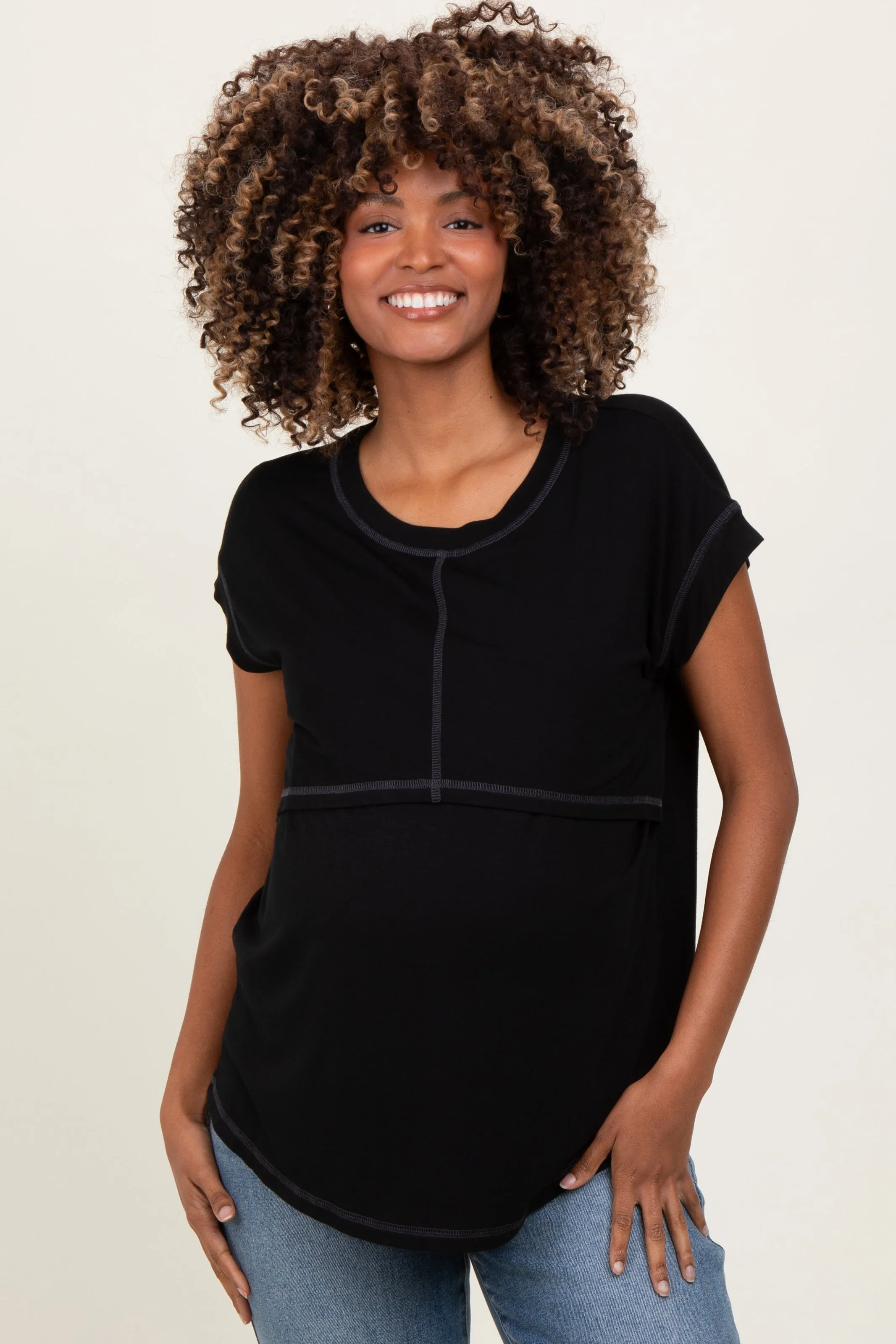 Black Double Layer Short Sleeve Maternity Nursing Top sold by Pinkblush