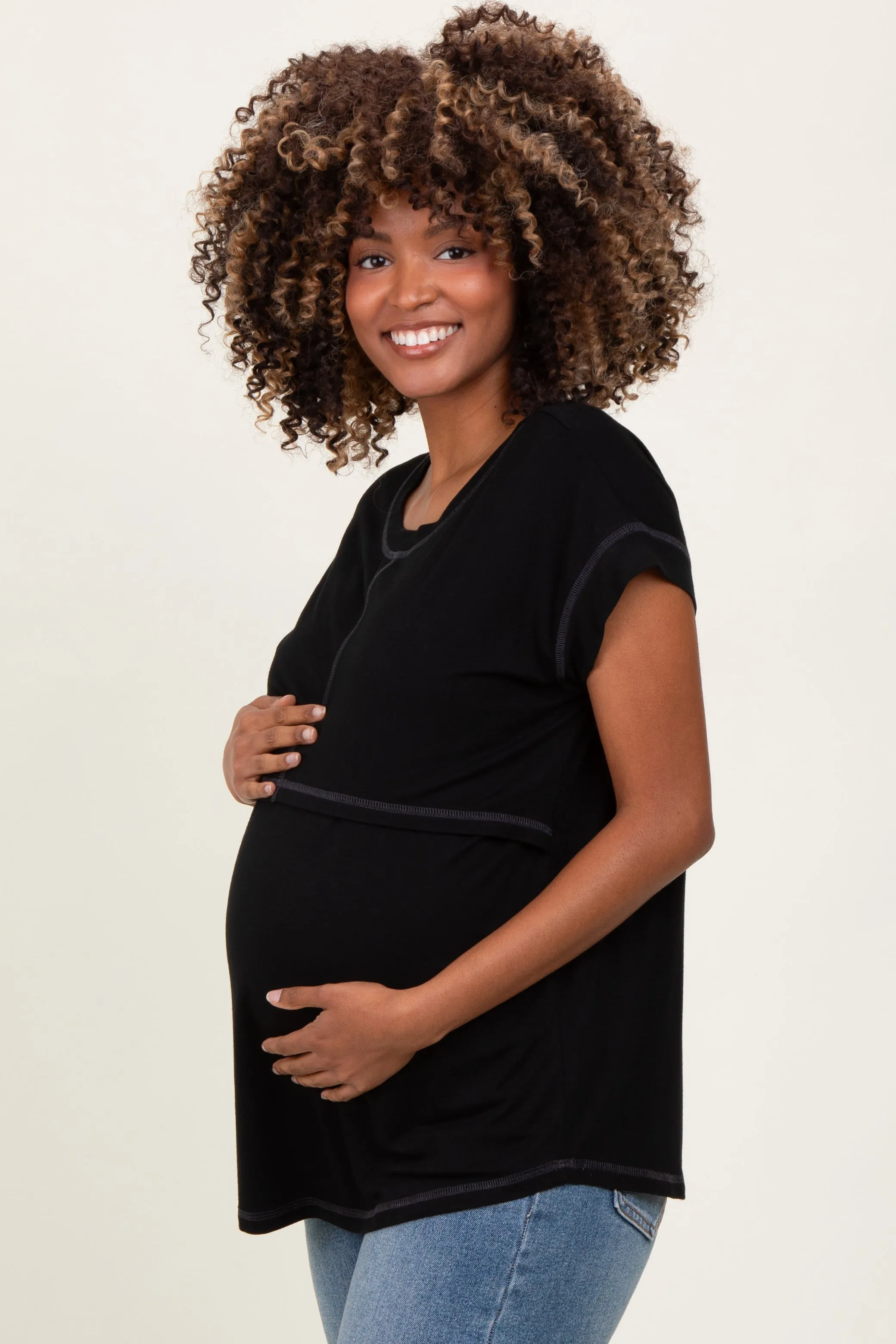 Black Double Layer Short Sleeve Maternity Nursing Top sold by Pinkblush product image thumbnail 2