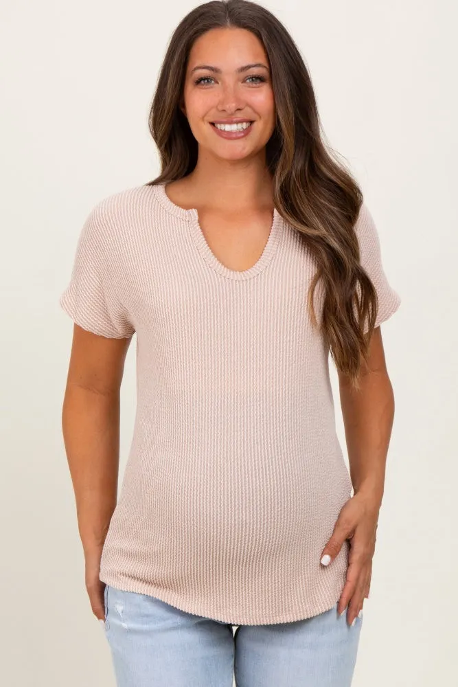 Beige Ribbed Notched Neckline Maternity Top sold by Pinkblush