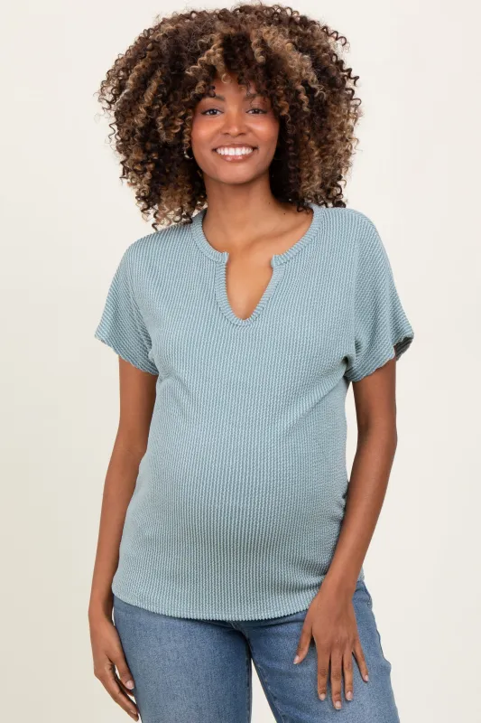Mint Green Ribbed Notched Neckline Maternity Top sold by Pinkblush