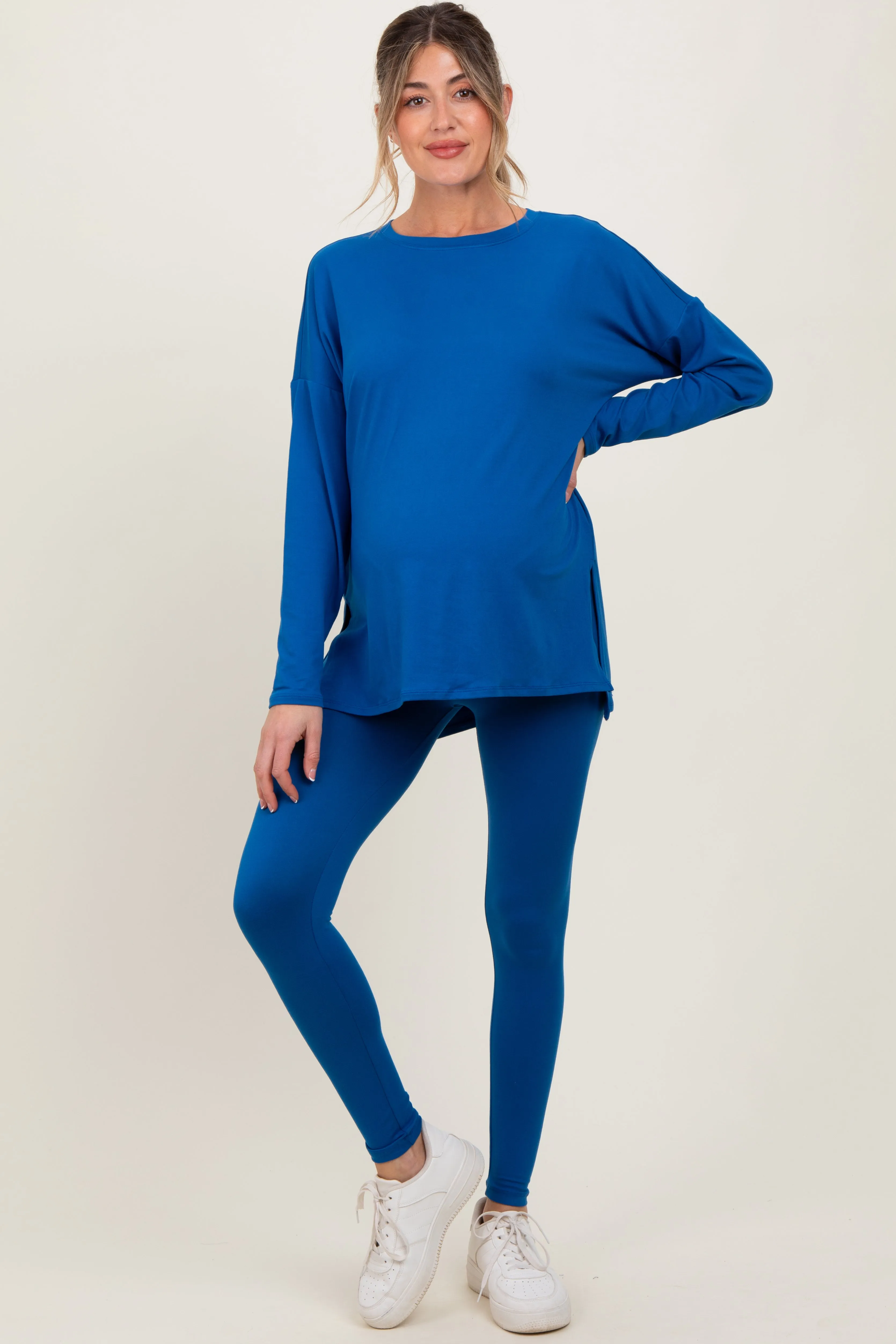 Blue Brushed Knit Maternity Oversized Top and Legging Set sold by Pinkblush