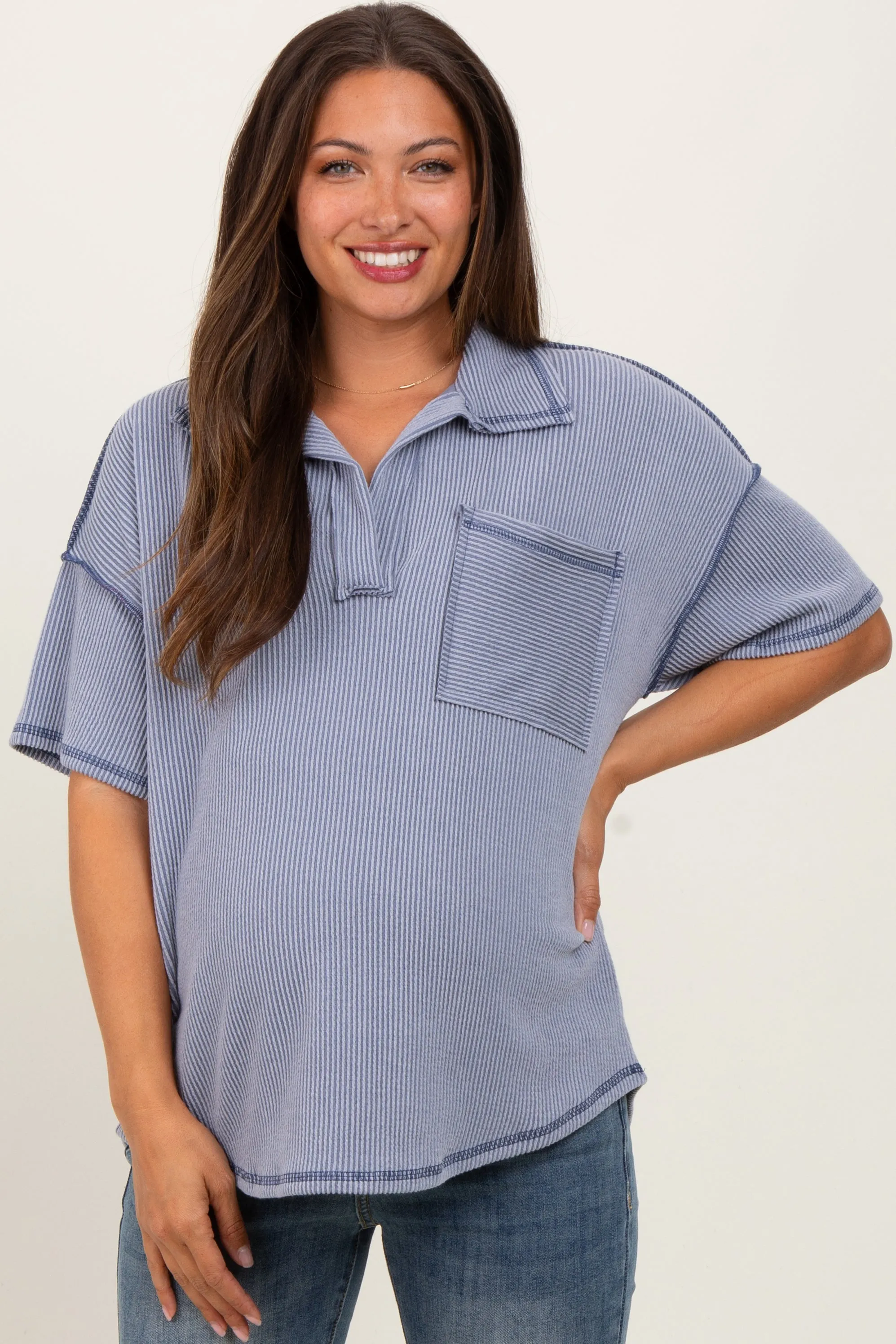 Gray Ribbed Reverse Stitch Maternity Tunic Top sold by Pinkblush