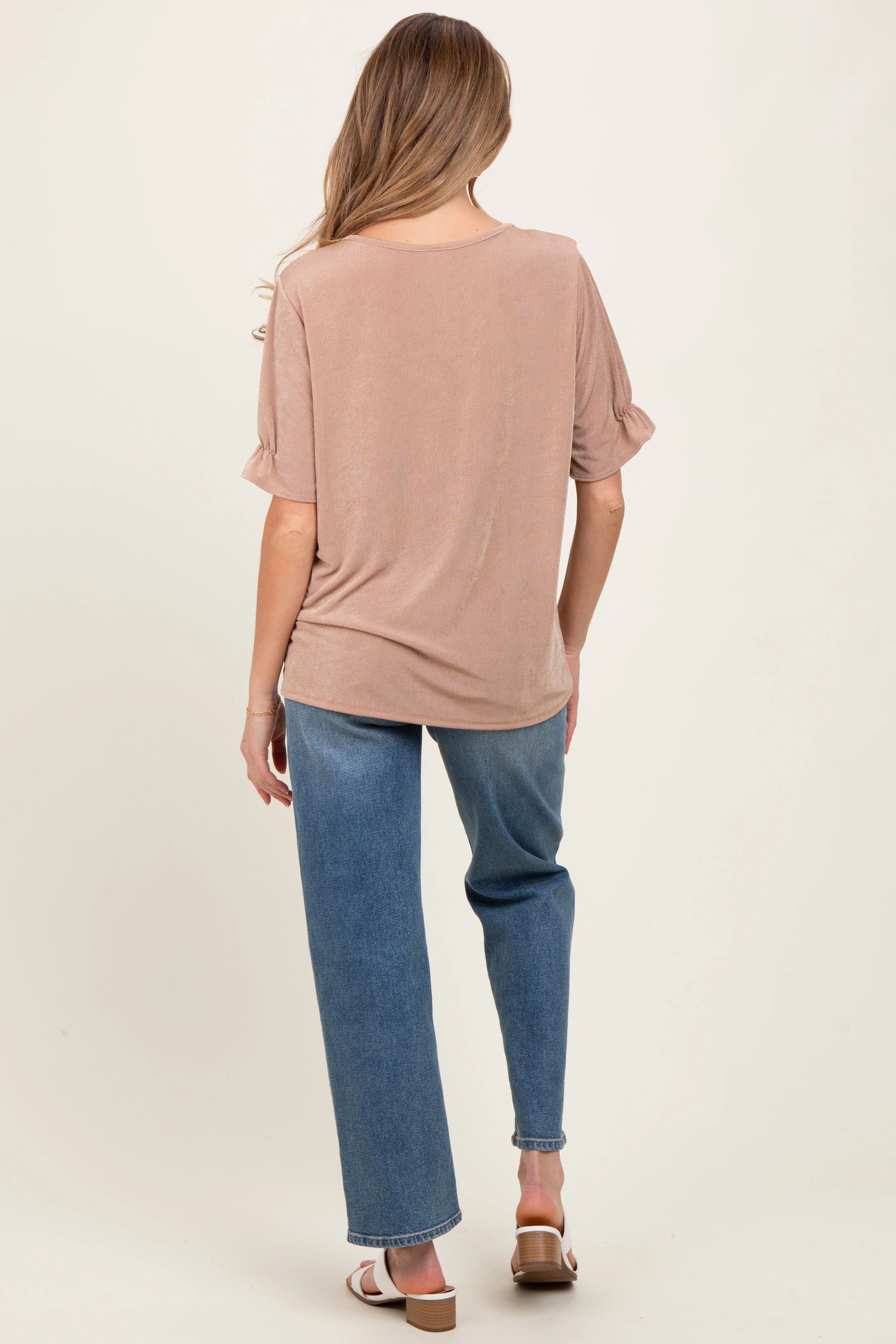 Mocha Relaxed Ruffle Detail Short Sleeve Maternity Top sold by Pinkblush product image thumbnail 3